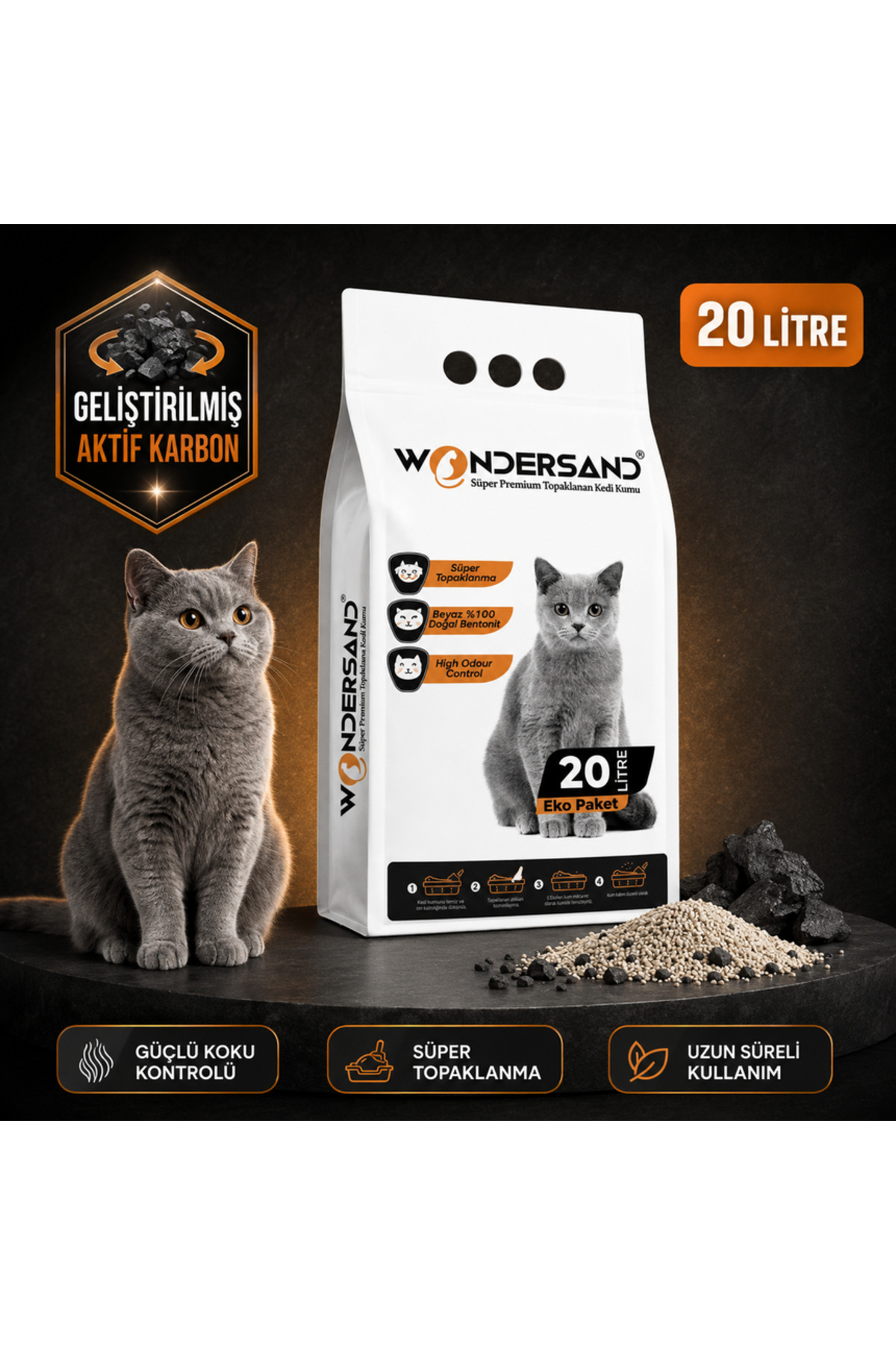 wondersand Aktif Karbon Kokusuz İnce Taneli 20 Litre Topaklanan Premium Kedi Kumu