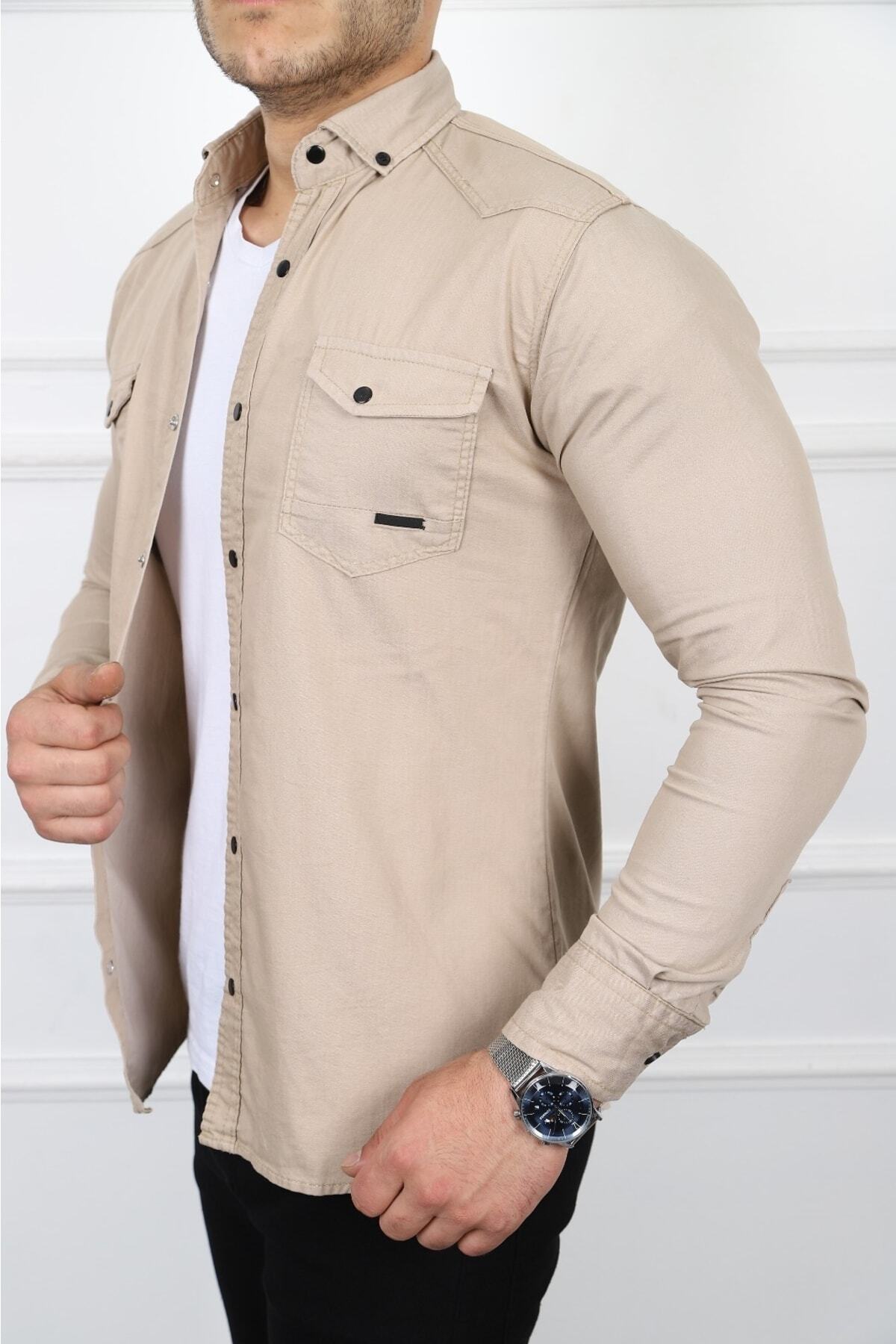 KOTCUBABA Erkek Kot Gömlek Slim Fit Krem