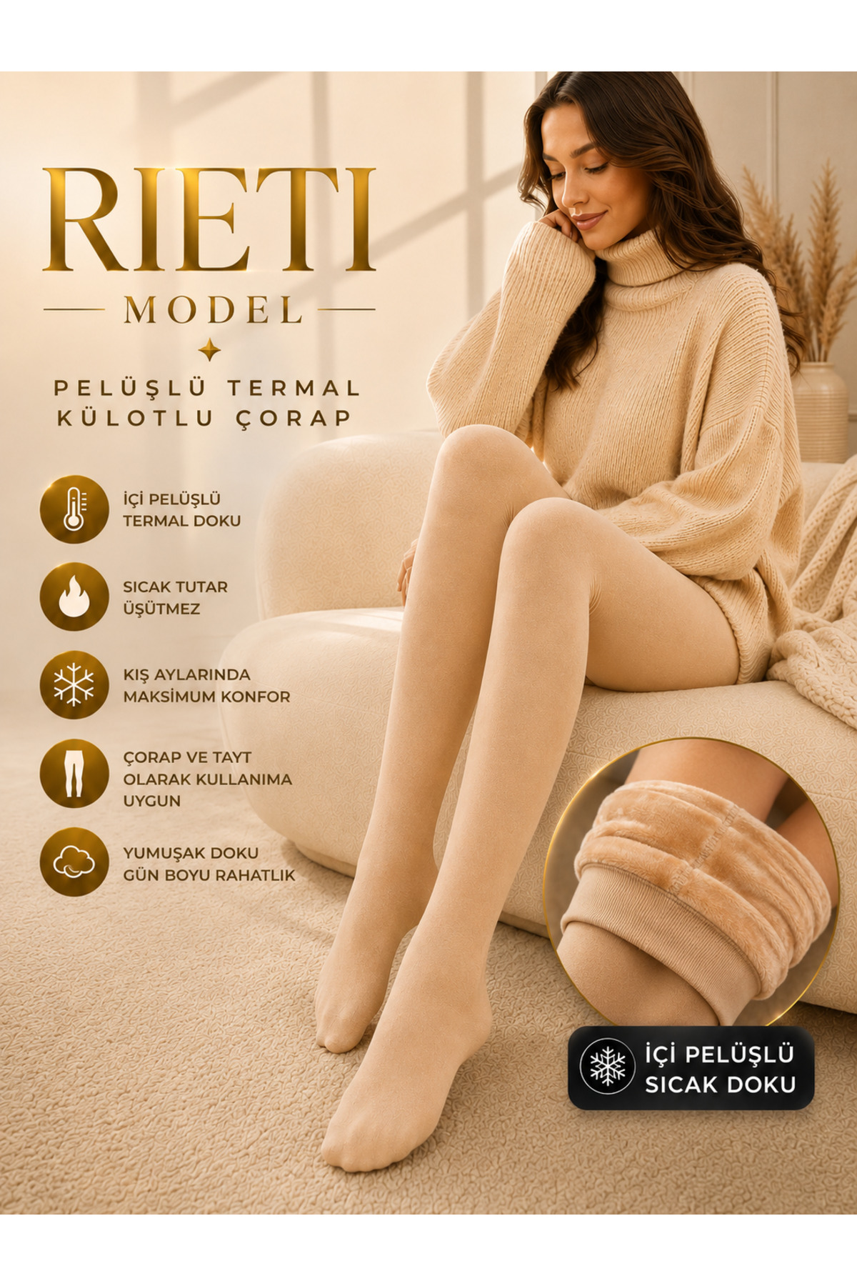 MİSTİRİK Rieti Sıcak Tutan Ve Sıkıalaştıran Dokuma Yünlü Pelüşlü Termal Külotlu Çorap Ten Renk