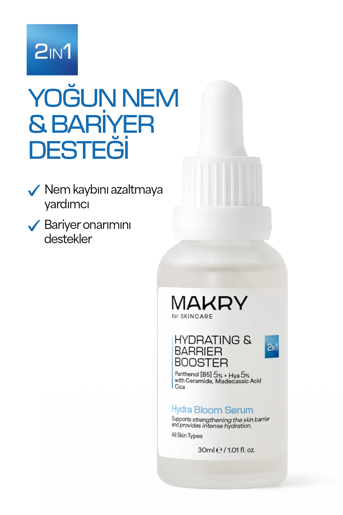 Hydra Bloom Bariyer Onarıcı ve Yoğun Nemlendirici Serum 30ml (%5 Panthenol, %5 Hyaluronic Acid, Cica) — DMV2025-2