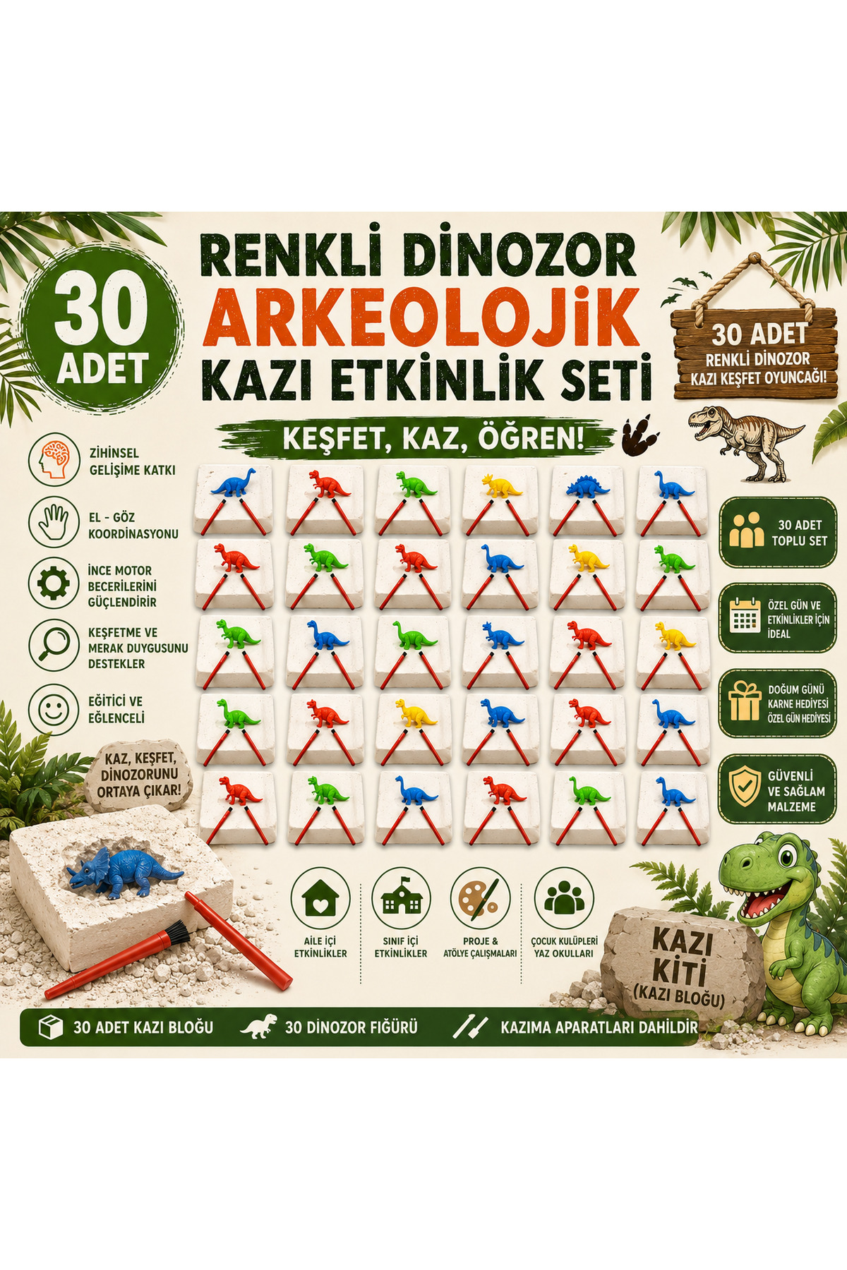 AZİZ OYUNCAK 🦕 30 Adet Dinozor Kazı Kiti | Renkli Arkeolojik Kazı