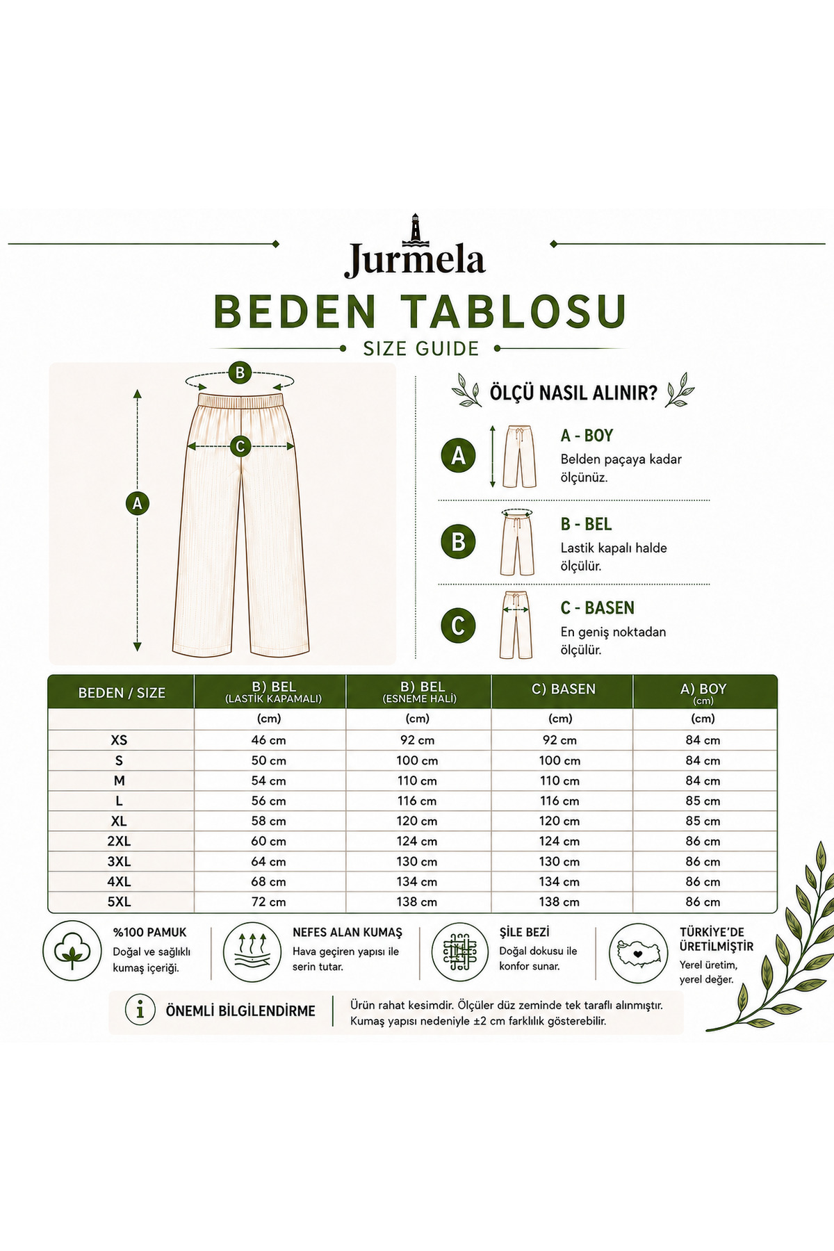 Jurmela Şile Bezi Pamuklu Beli Lastikli Jüpon Rahat Kesim Pantolon Astar Kombinezon İçlik Krem görsel 8