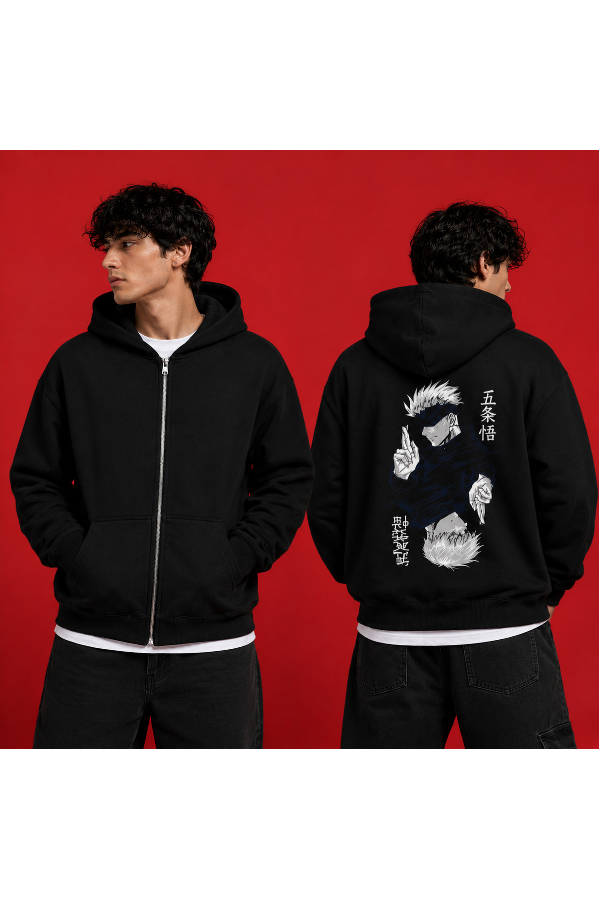 Unisex Oversize Anime Jujutsu Kaisen Gojo & Itadori Baskılı Hırka — مشکی dupe-75484858580