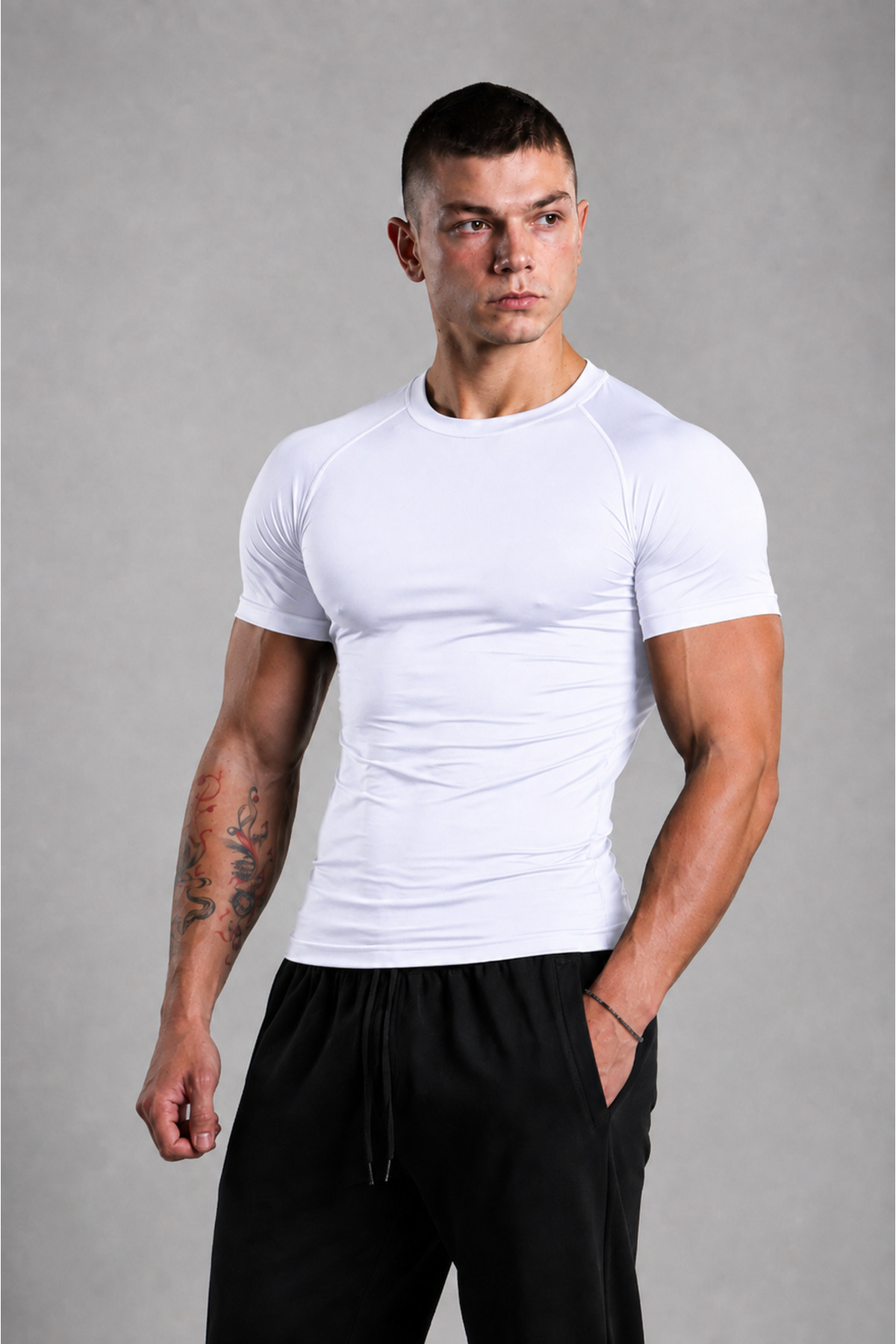 Stylovi Basic Premium Compression Tişört - Beyaz Ultra Esnek, Slim Fit Spor T-Shirt