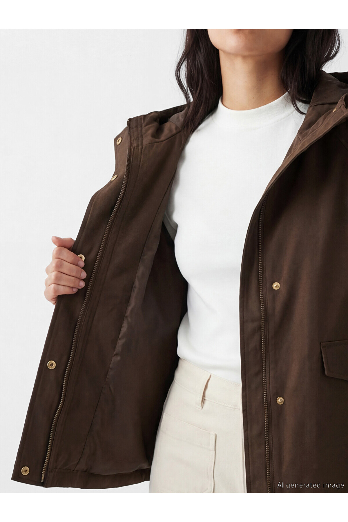 LC Waikiki Kahverengi Kapüşonlu Oversize Kadın Yağmurluk görsel 4