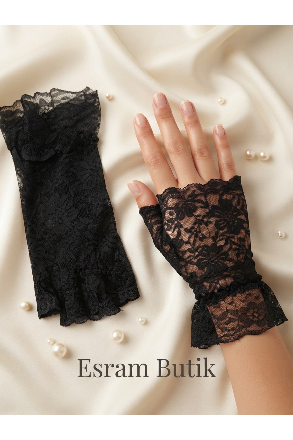 Esram Butik Siyah Dantelli Fırfırlı Parmaksız Gelin Eldiveni- Düğün, Nişan, Nikah, Kostüm Partisi Aksesuarı görsel 7