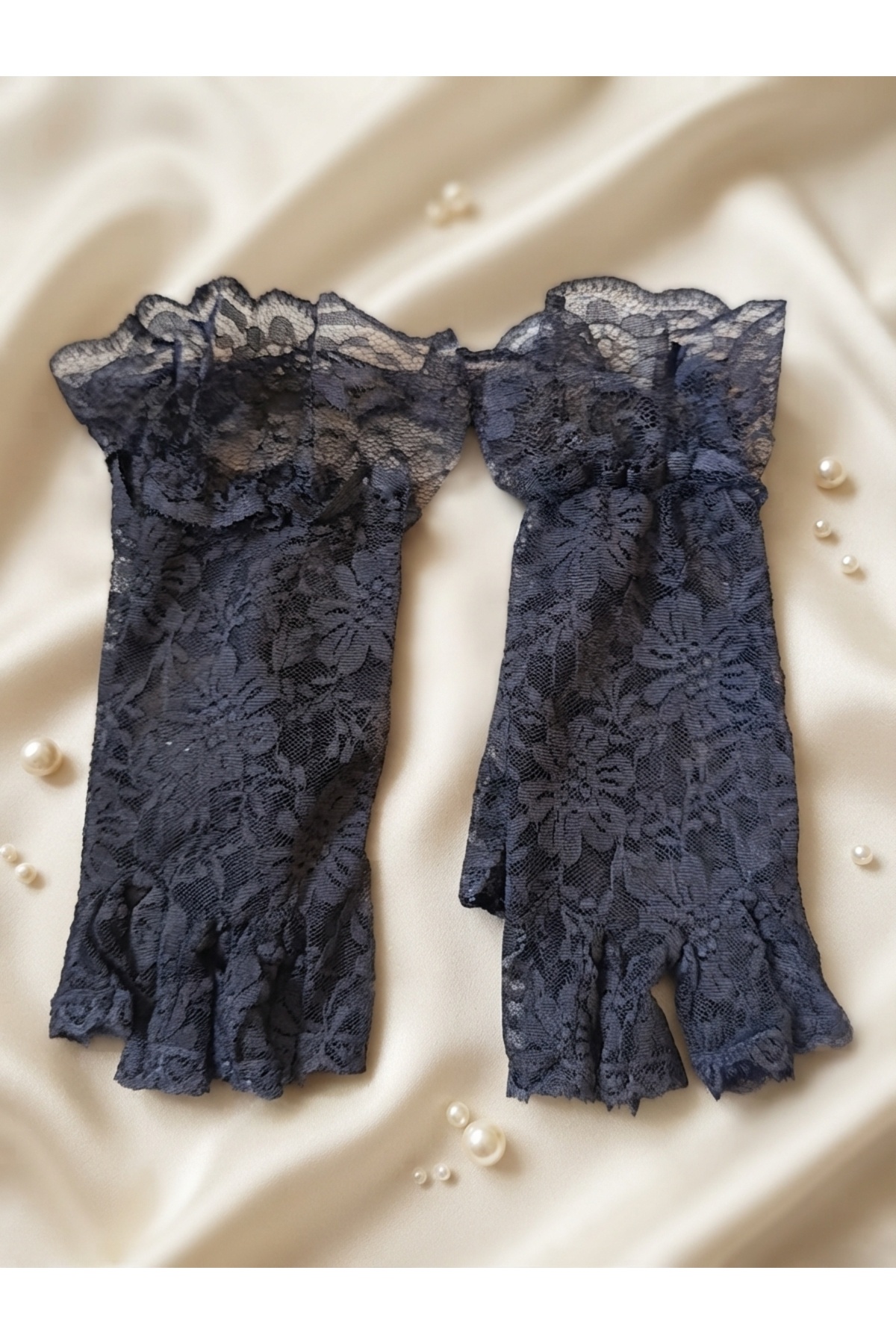Esram Butik Siyah Dantelli Fırfırlı Parmaksız Gelin Eldiveni- Düğün, Nişan, Nikah, Kostüm Partisi Aksesuarı görsel 2