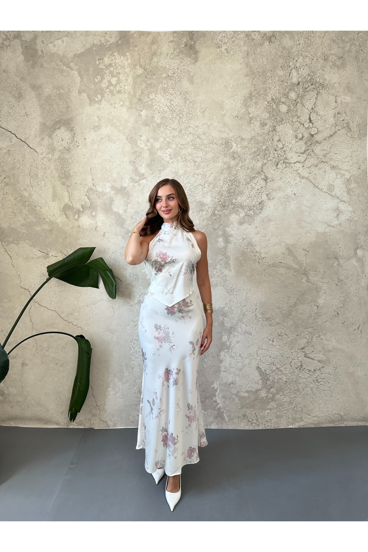 Elbee Fashion Woman Ekru Saten Soft Çiçekli Etek