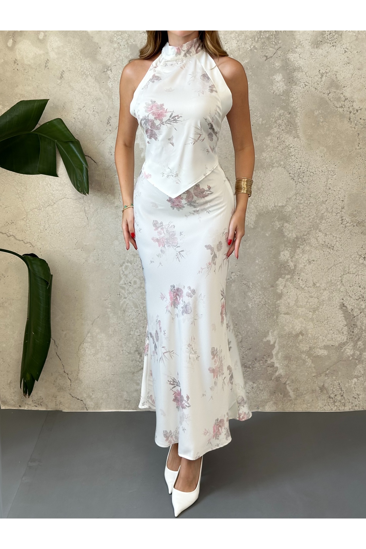 Elbee Fashion Woman Ekru Saten Soft Çiçekli Etek görsel 4