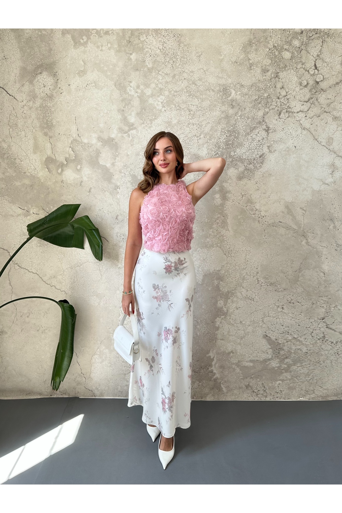 Elbee Fashion Woman Ekru Saten Soft Çiçekli Etek görsel 7