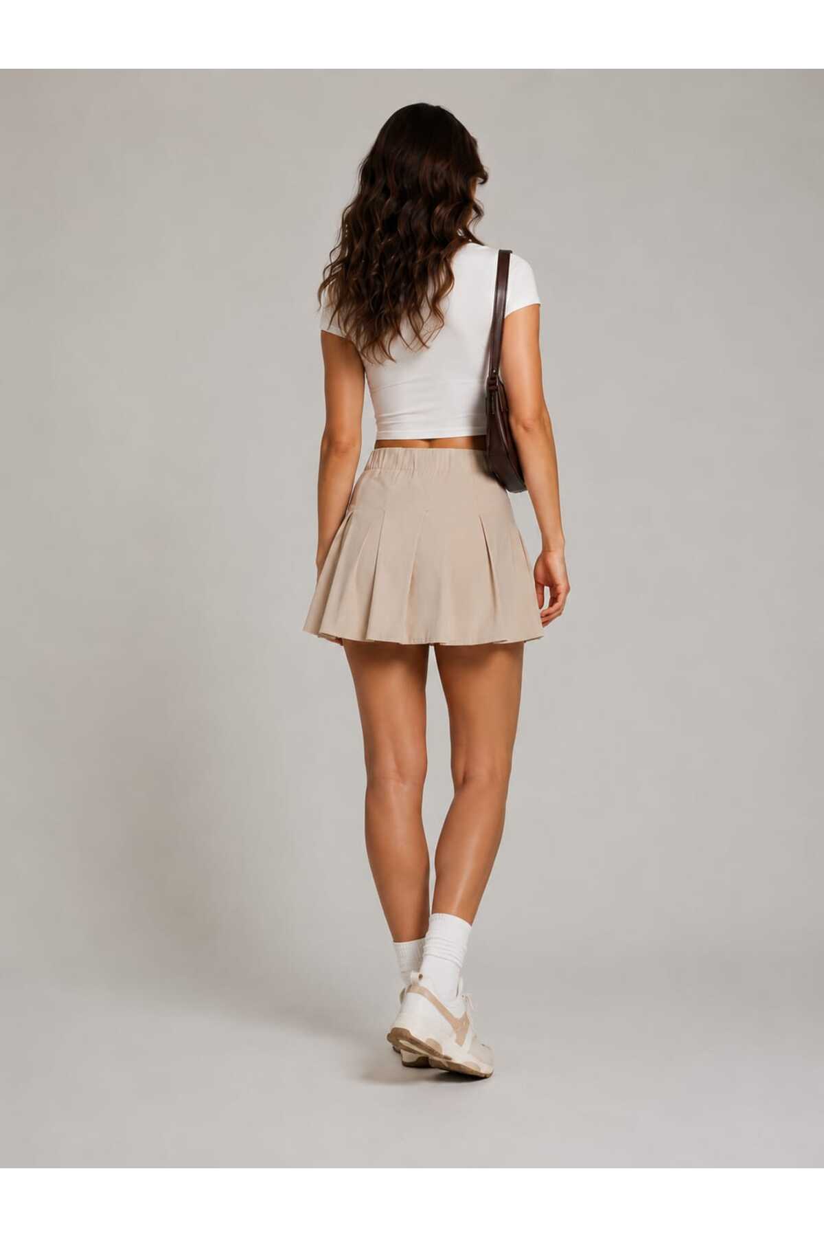 Liora Moda Bej Pileli Mini Etek görsel 3