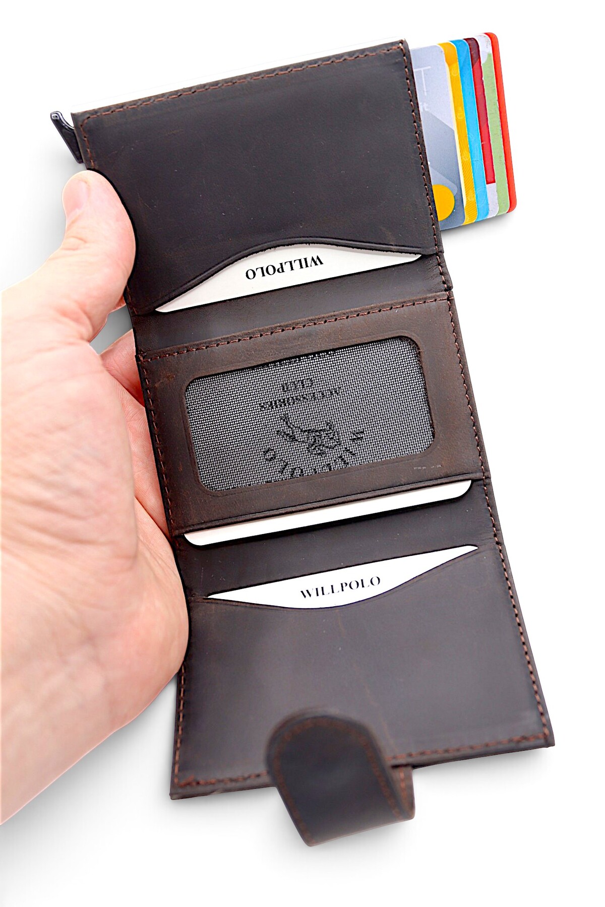 willpolo Hakiki Dana Derisi Crazy Deri Mekanizmalı Otomatik Çıtçıtlı Kartlık Cüzdan (10 X 8,5 cm) görsel 3
