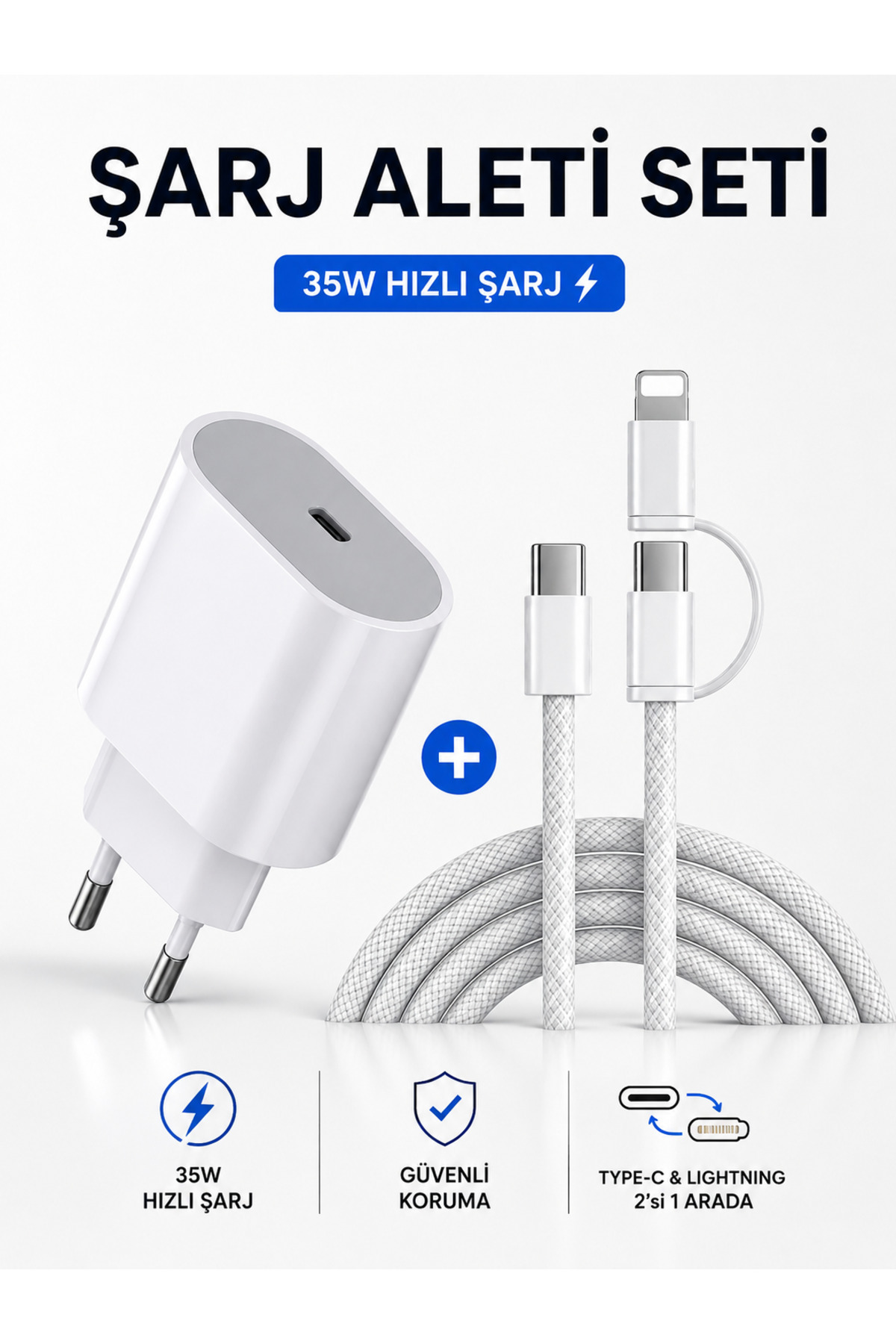 iPad/iPhone 7/8 Plus/XS Max/11/12/13/14/15/16 Plus/17E/17 Air/17 Pro Max/18 Duo Uyumlu Hızlı Şarj Cihazı 35w USB-C ve Lightning Şarj Aleti Type-C Type-C ve Type-C Lightning Kablo İkisi Bir Arada