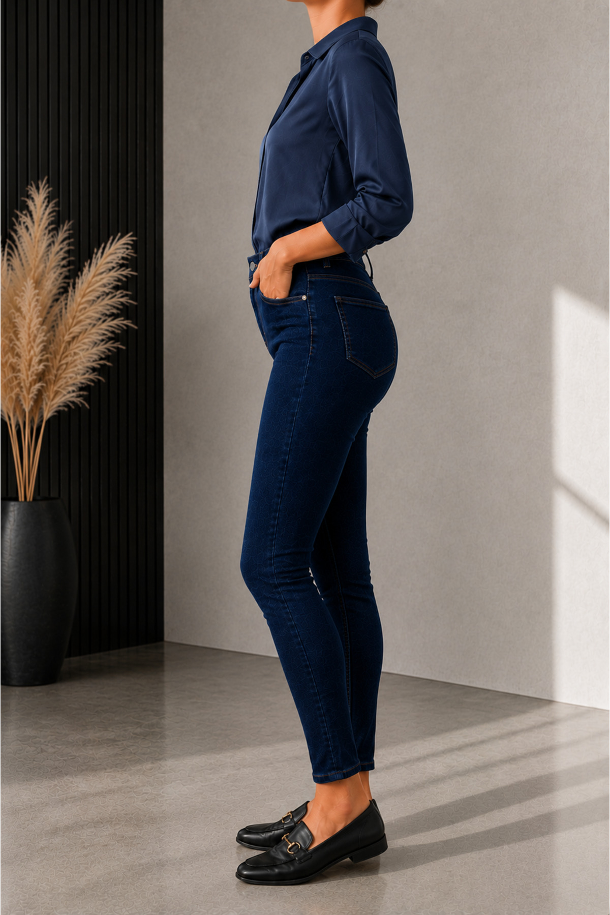 DELDNM Lilly Kadın Lacivert Yüksek Bel Likralı Dar Paça Jean Skinny Kot Pantolon görsel 4