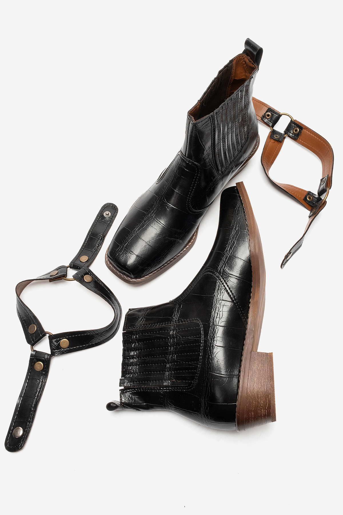 by selvi Lukka Shoes Bert Erkek Siyah Kroko Kovboy Dallas Western Tak Çıkar Detaylı Ahşap Topuk El Yapımı Bot görsel 4