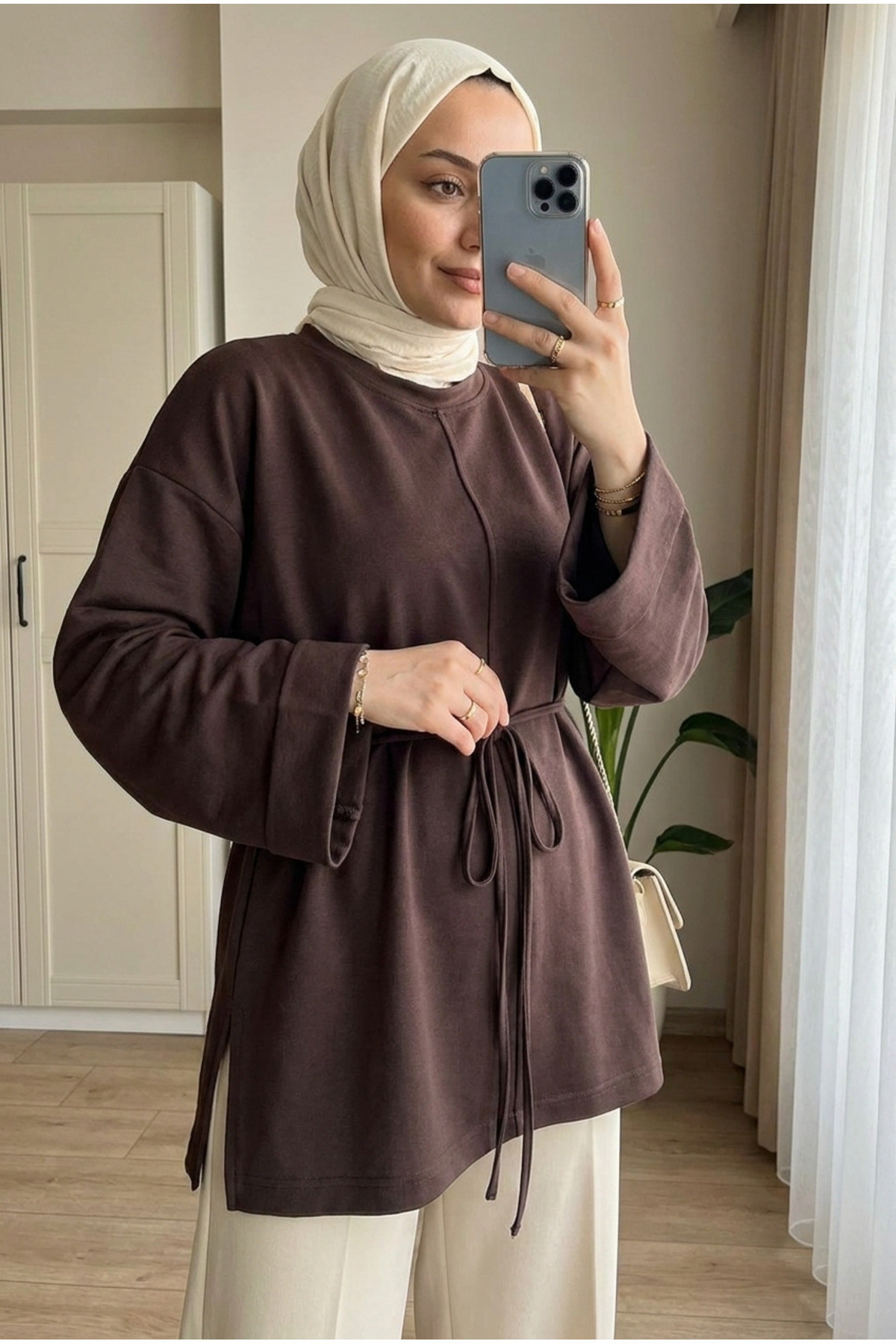 Kirazca Butik Kadın Modal Kumaş Zarif Bağlama Detaylı Tunik 70 cm