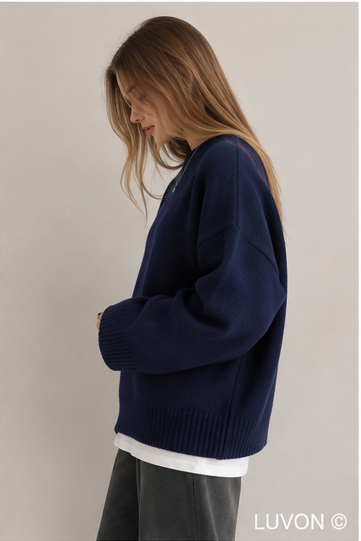 LUVON Lacivert Bisiklet Yaka Oversize Kadın Triko Kazak görsel 7