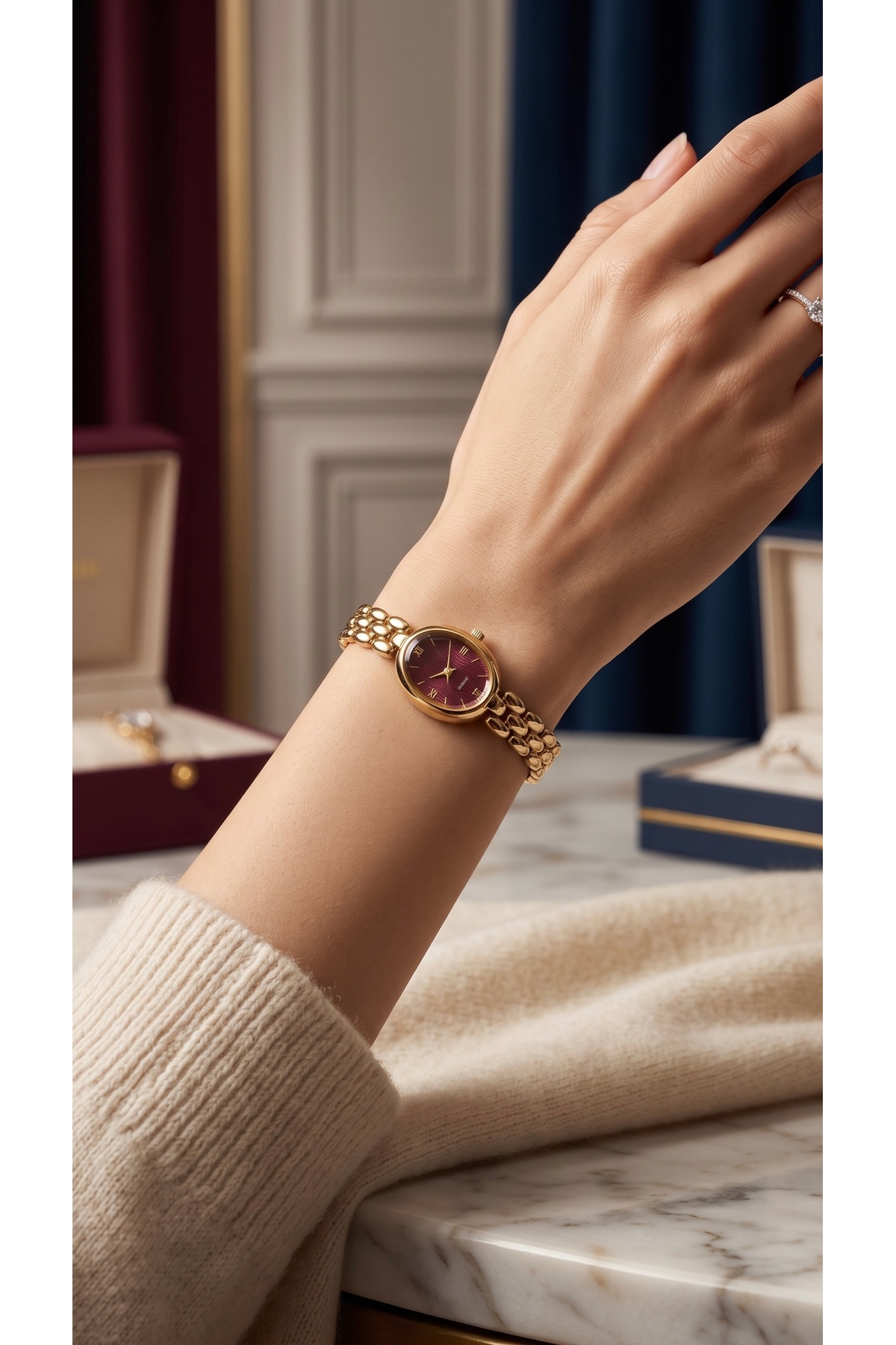 KLISHE Butik Kadın Çelik Saat Gold Renk & Bordo Kadran Vintage Saat Old Money Oval Kasa Roma Rakamlı Lüks Klasik Zarif Şık Kadın Kol Saati | Limited Edition 2026 görsel 4