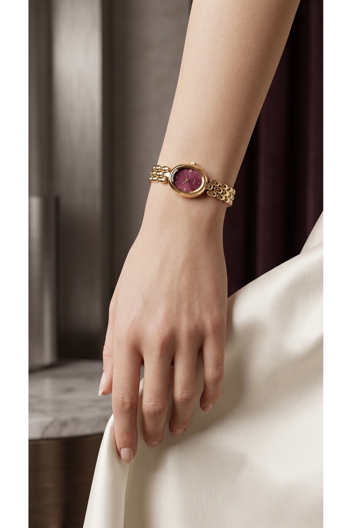 KLISHE Butik Kadın Çelik Saat Gold Renk & Bordo Kadran Vintage Saat Old Money Oval Kasa Roma Rakamlı Lüks Klasik Zarif Şık Kadın Kol Saati | Limited Edition 2026 görsel 6