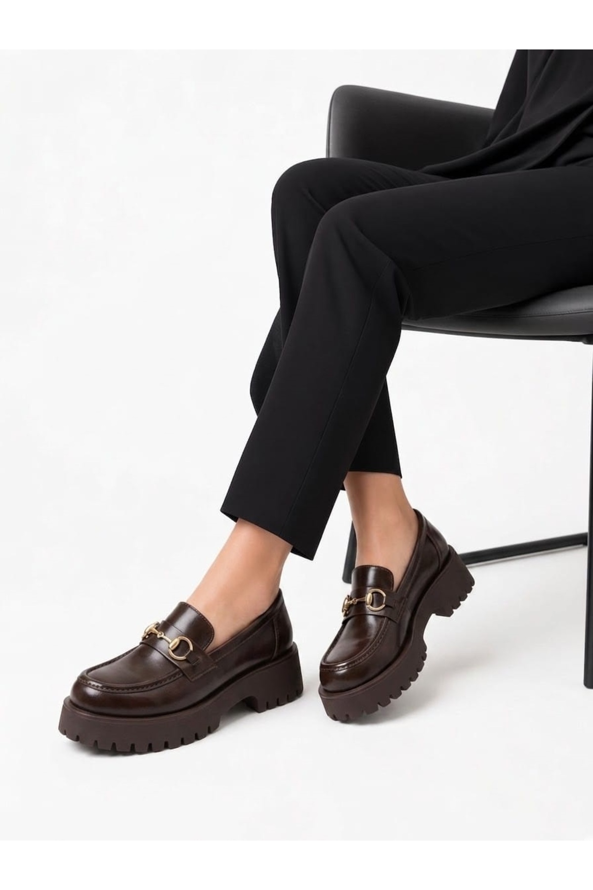 McDark Kadın Tokalı Hafif Taban Casual Loafer Ayakkabı-KAHVE RUGAN görsel 2