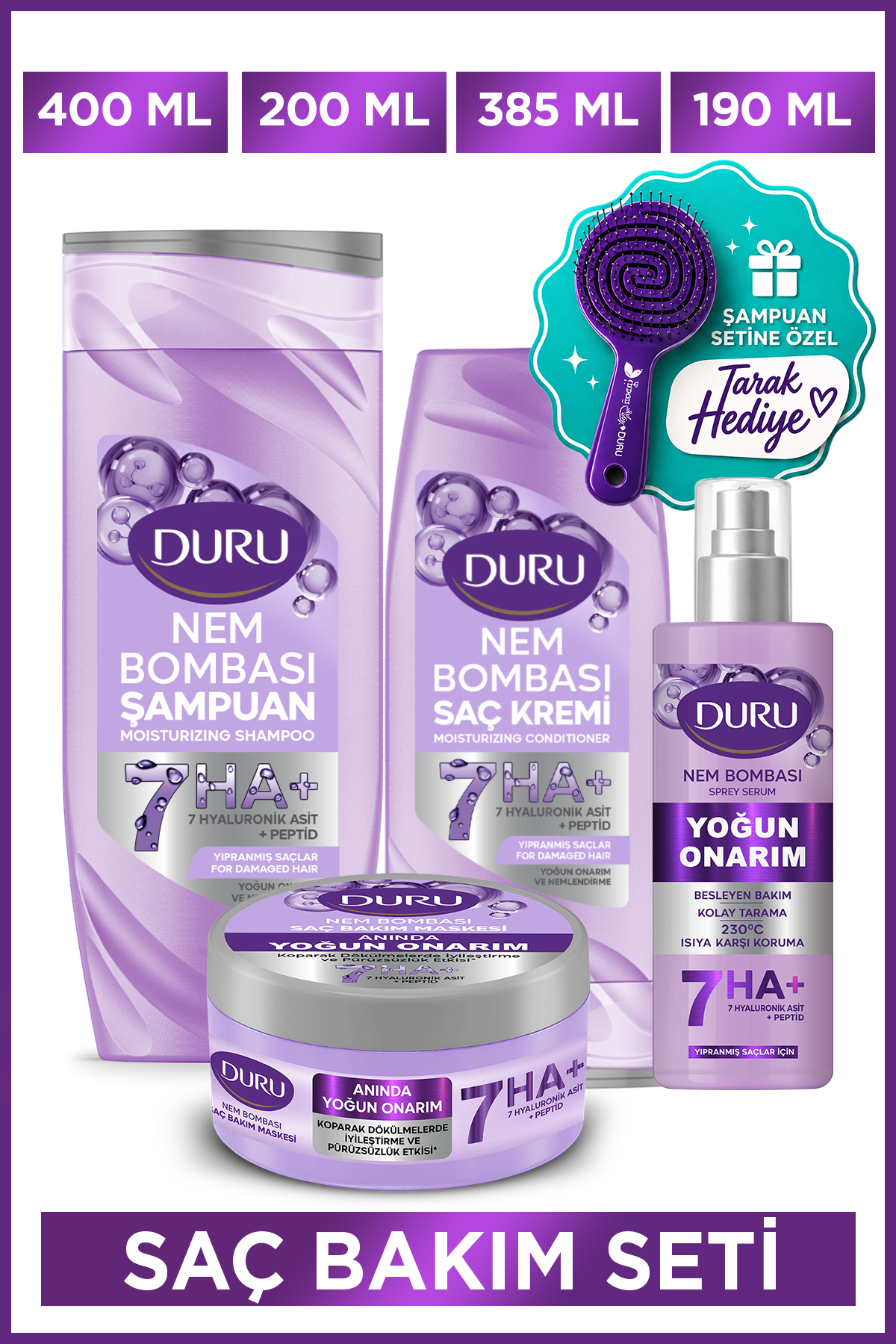 Duru Nem Bombası 7’li Hyaluronik Asit Yoğun Onarıcı Saç Bakım Seti (Şampuan,Krem,Maske,Sprey Krem) — EVYSET453