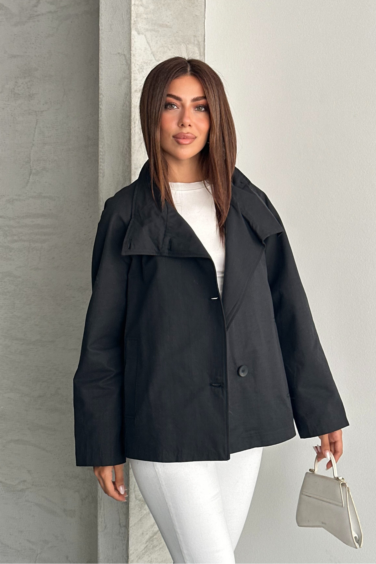 macharel jeans Kadın Astarlı Oversize Düğmeli Geniş Yaka Mevsimlik Trenç Ceket görsel 2