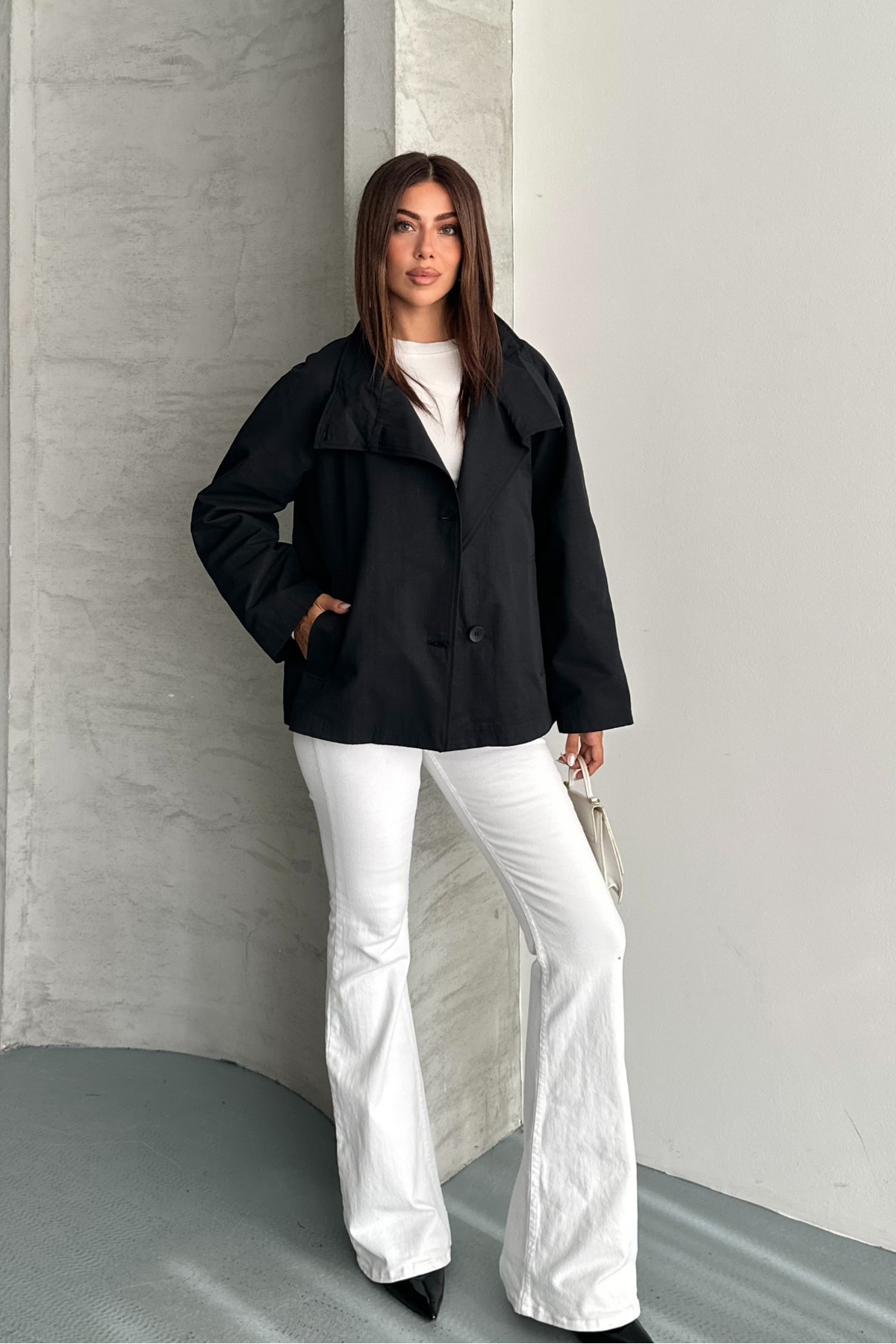 macharel jeans Kadın Astarlı Oversize Düğmeli Geniş Yaka Mevsimlik Trenç Ceket görsel 4