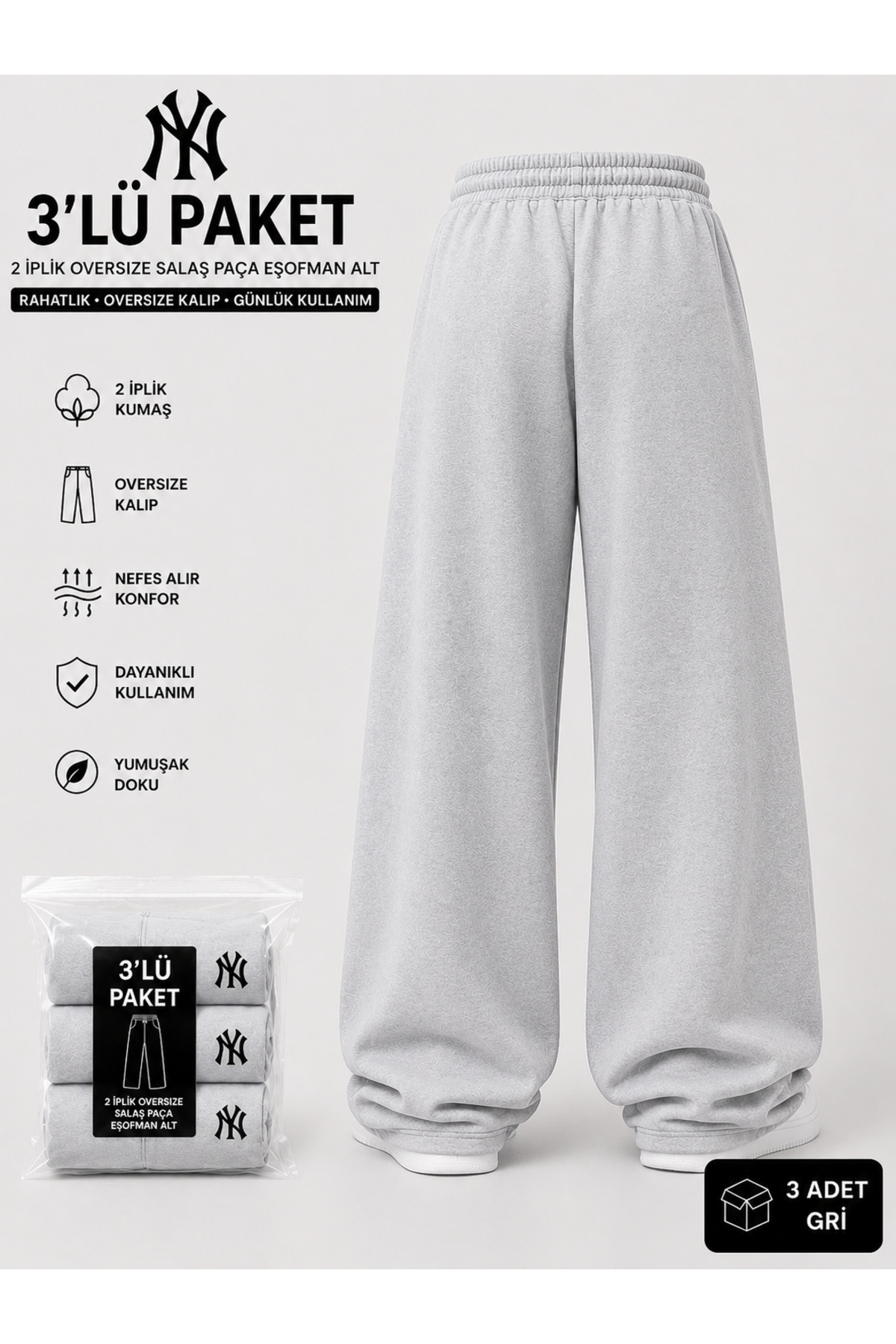 yx yustex sport 3 Adet Çoklu Set NY Baskılı Eşofman Altı (SİYAH+GRİ+SİYAH) Bol Paça Oversize görsel 8