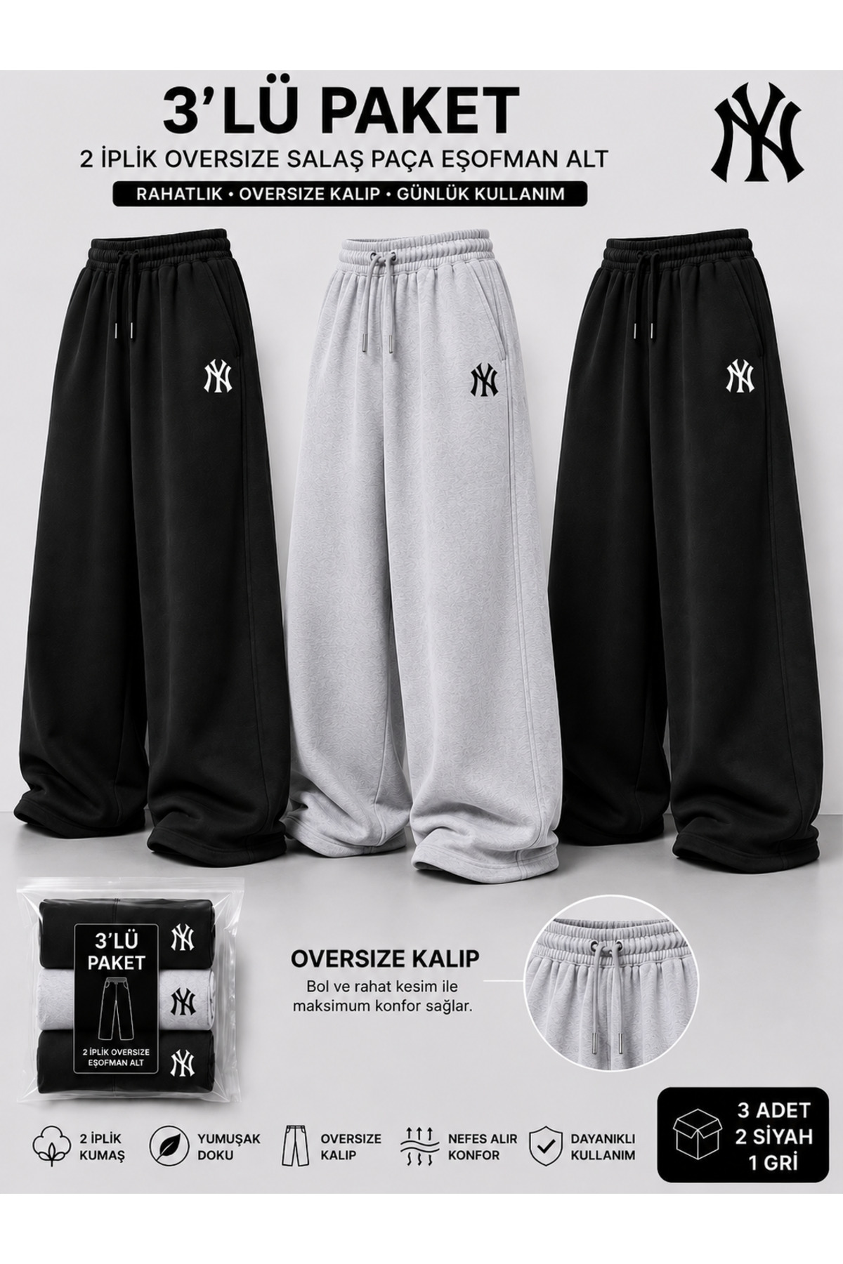 yx yustex sport 3 Adet Çoklu Set NY Baskılı Eşofman Altı (SİYAH+GRİ+SİYAH) Bol Paça Oversize