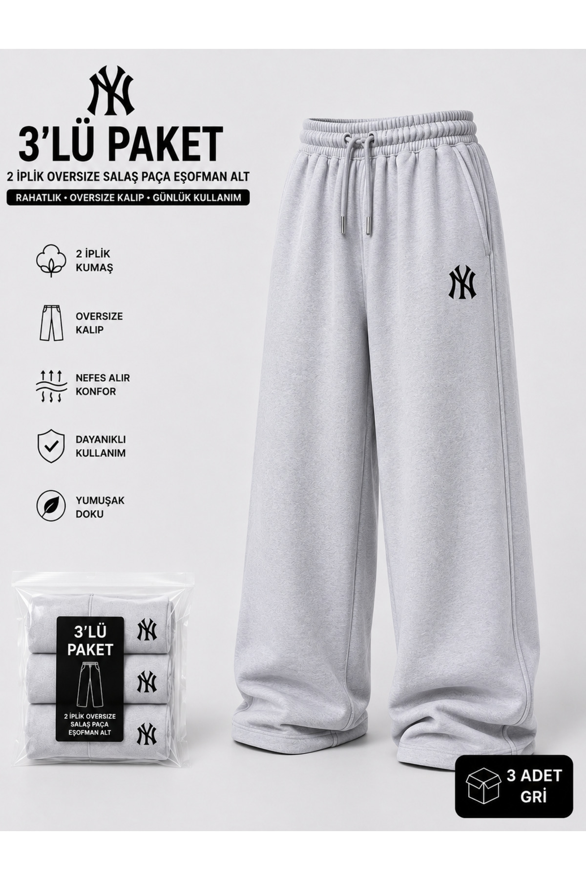 yx yustex sport 3 Adet Çoklu Set NY Baskılı Eşofman Altı (SİYAH+GRİ+SİYAH) Bol Paça Oversize görsel 4