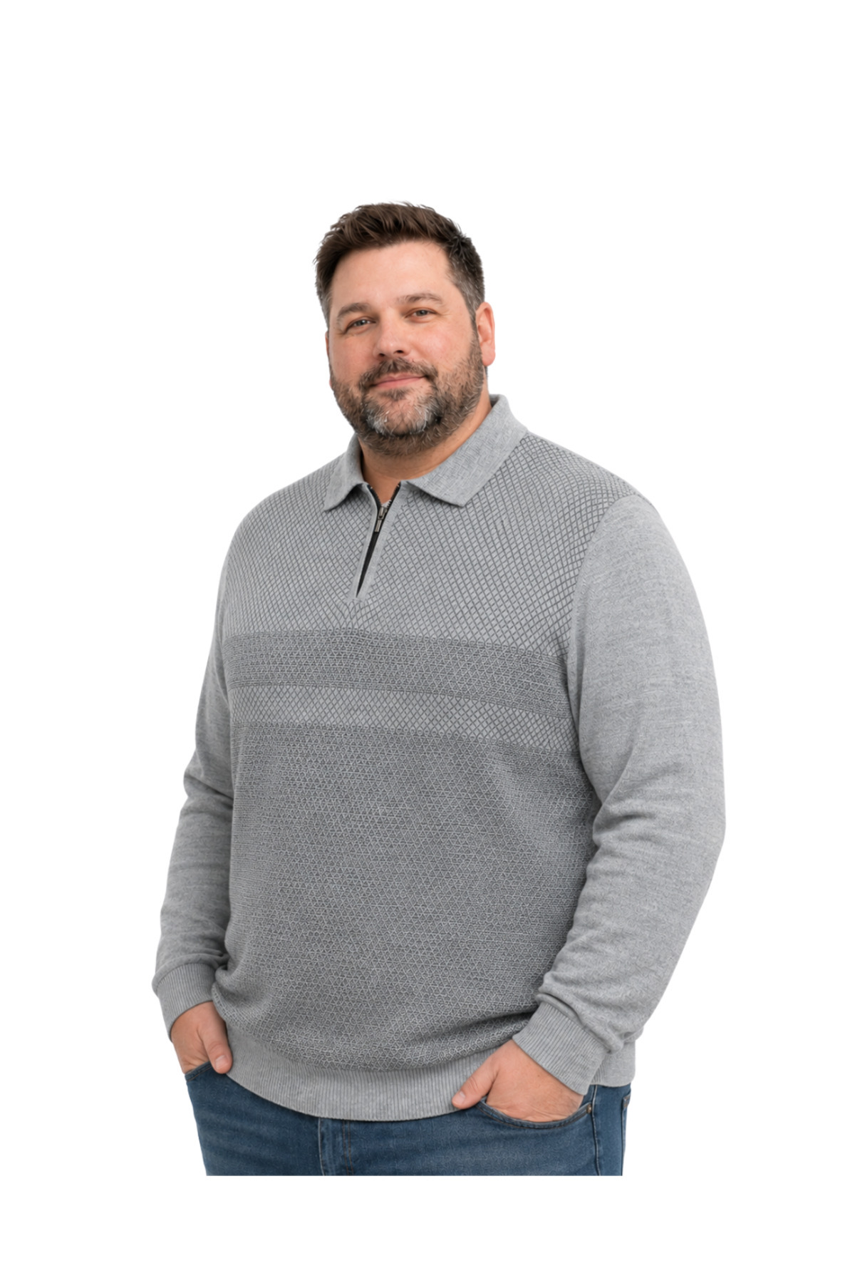 BattalModa Erkek Büyük Beden Gri Atlas Polo Yaka Fermuarlı Triko Kazak 5XL-6XL-7XL-8XL görsel 2