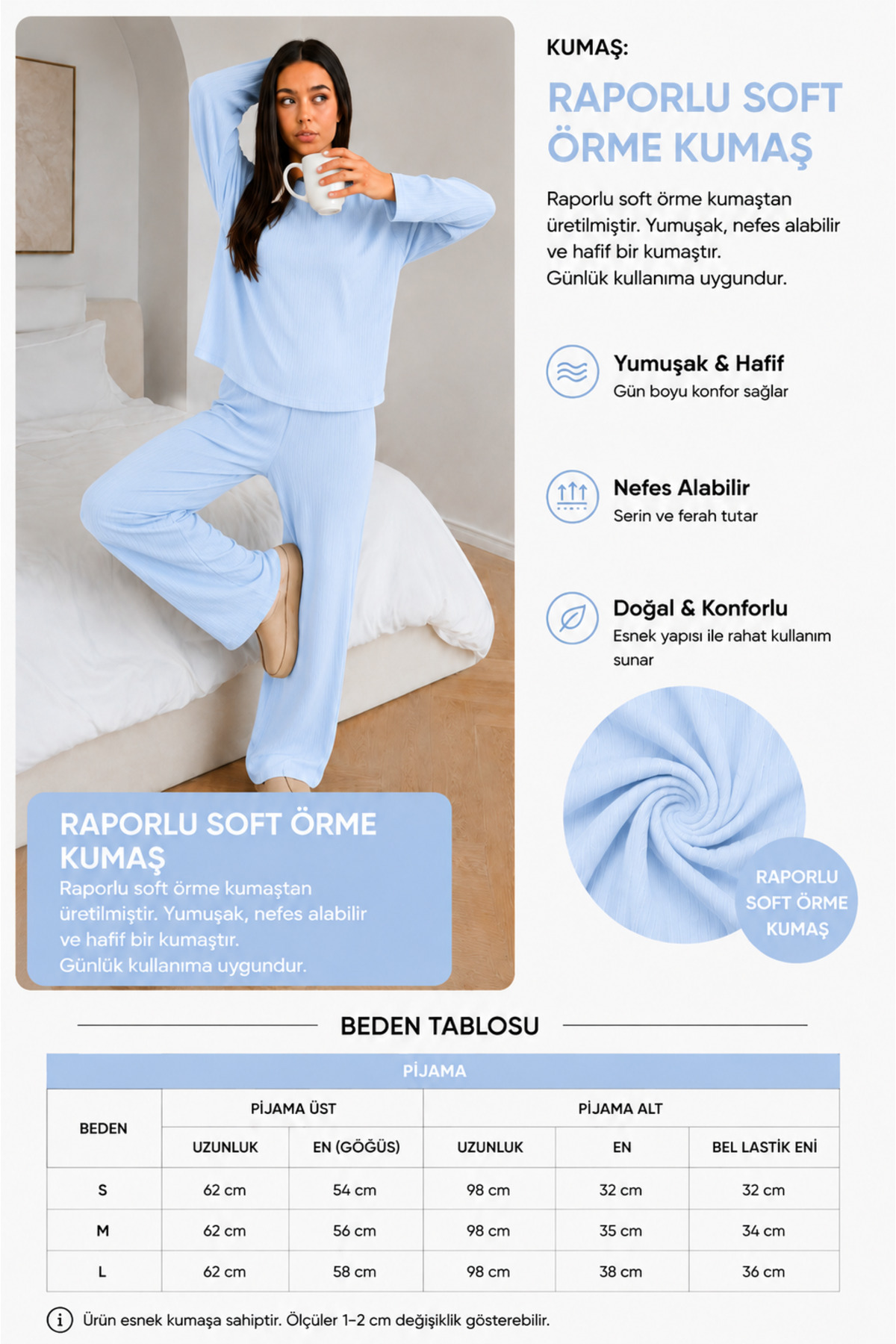 ÖZ PAMUK Kadın Uzun Kollu Raporlu Kumaş Şardonlu SOFT Pijama Takımı, Rahat Kesim Bisiklet Yaka Alt Üst Takım görsel 4