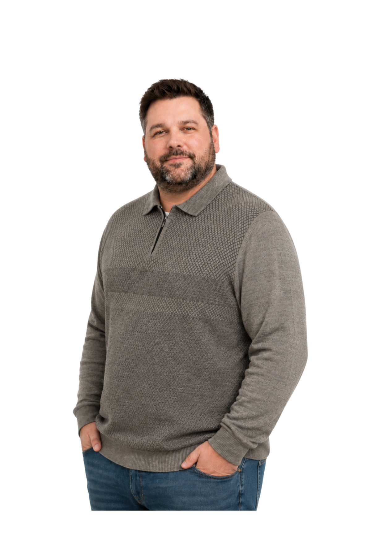 BattalModa Erkek Büyük Beden Vizon Atlas Polo Yaka Fermuarlı Triko Kazak 5XL-6XL-7XL-8XL görsel 2