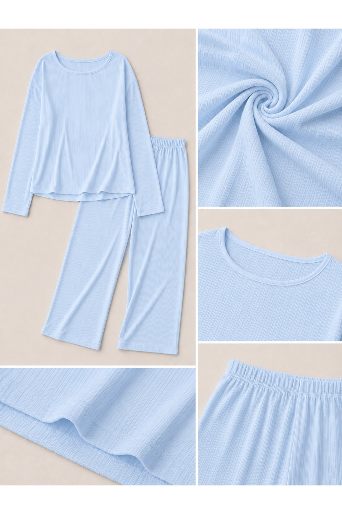 ÖZ PAMUK Kadın Uzun Kollu Raporlu Kumaş Şardonlu SOFT Pijama Takımı, Rahat Kesim Bisiklet Yaka Alt Üst Takım görsel 3