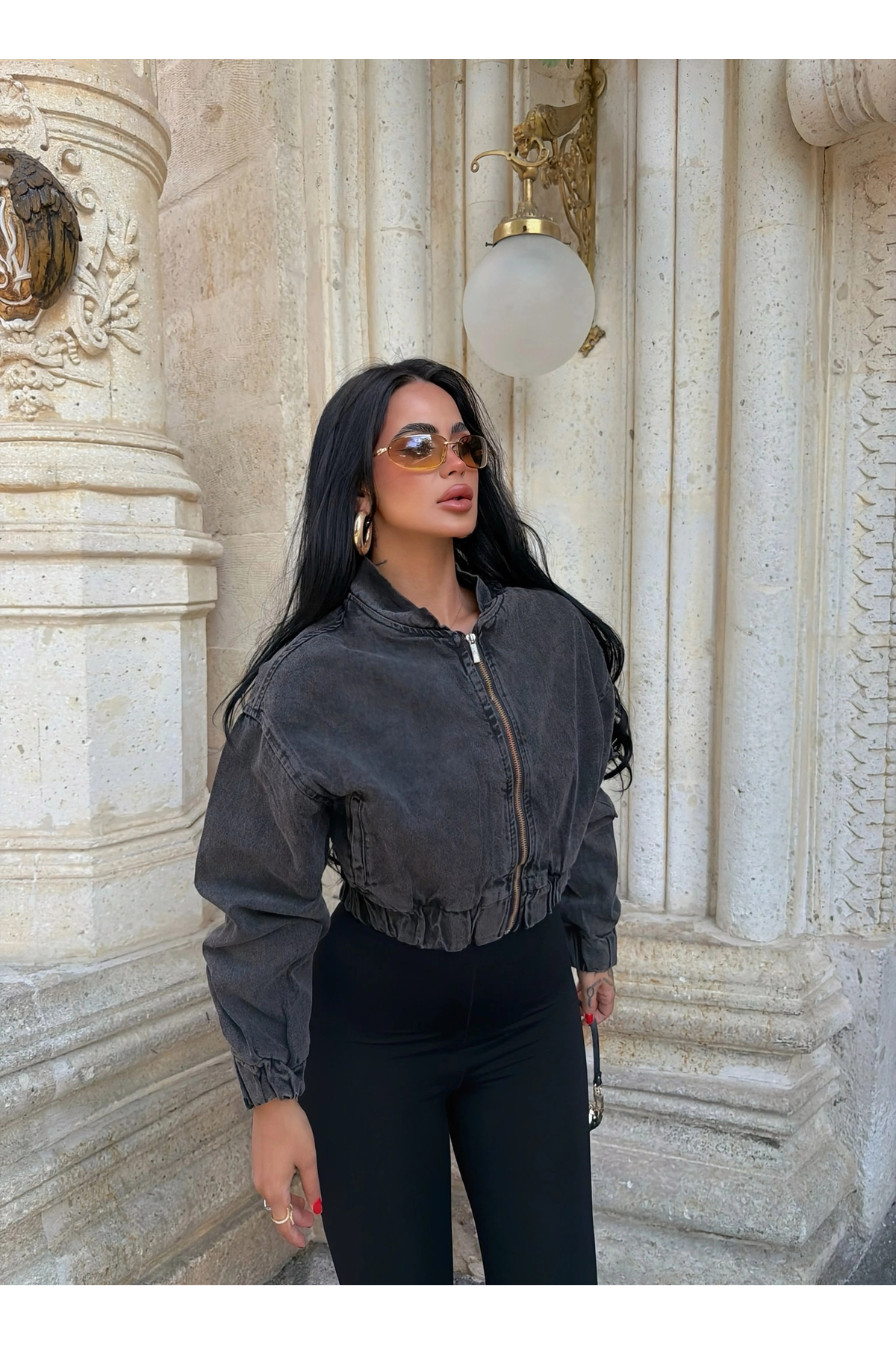 kırmızı butiks Fermuarlı Denim Bomber Ceket görsel 2