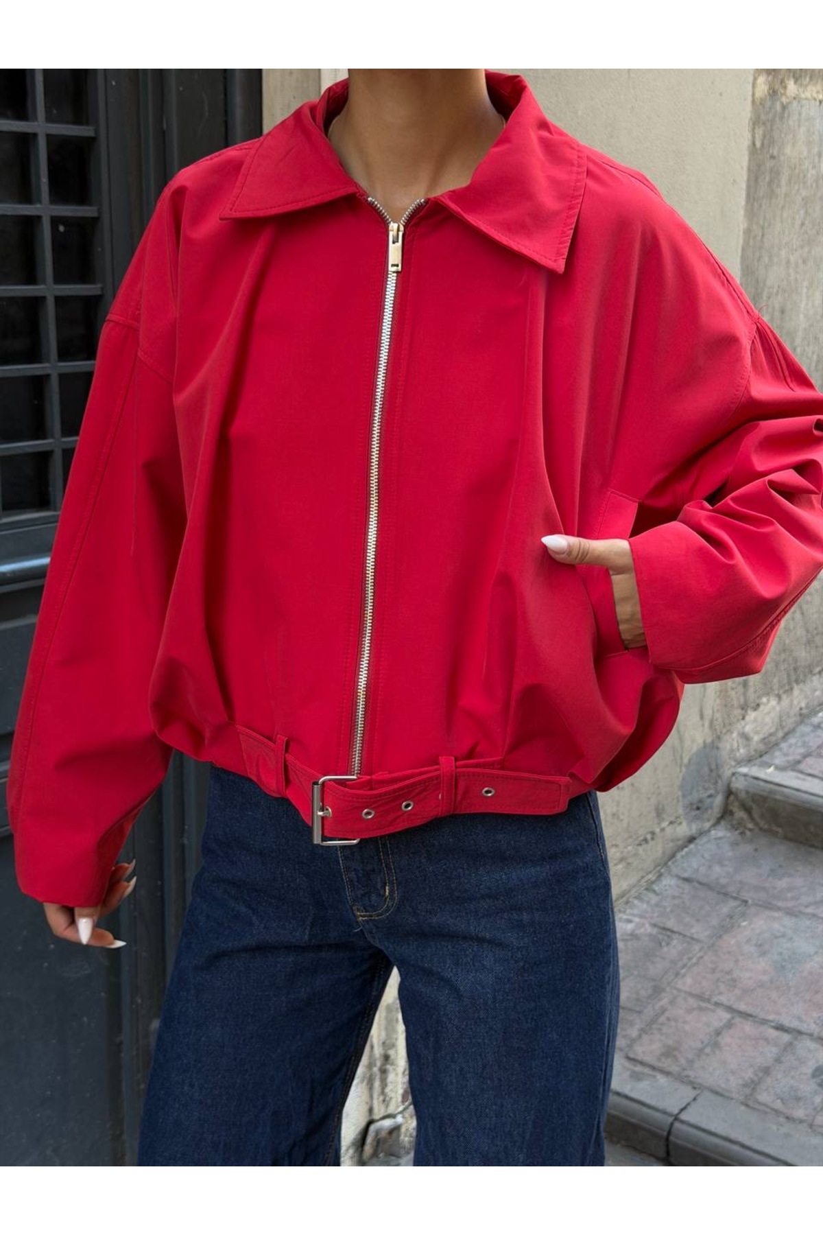 Ekim Store Kemerli Büzgülü Bomber Trenç Ceket görsel 3
