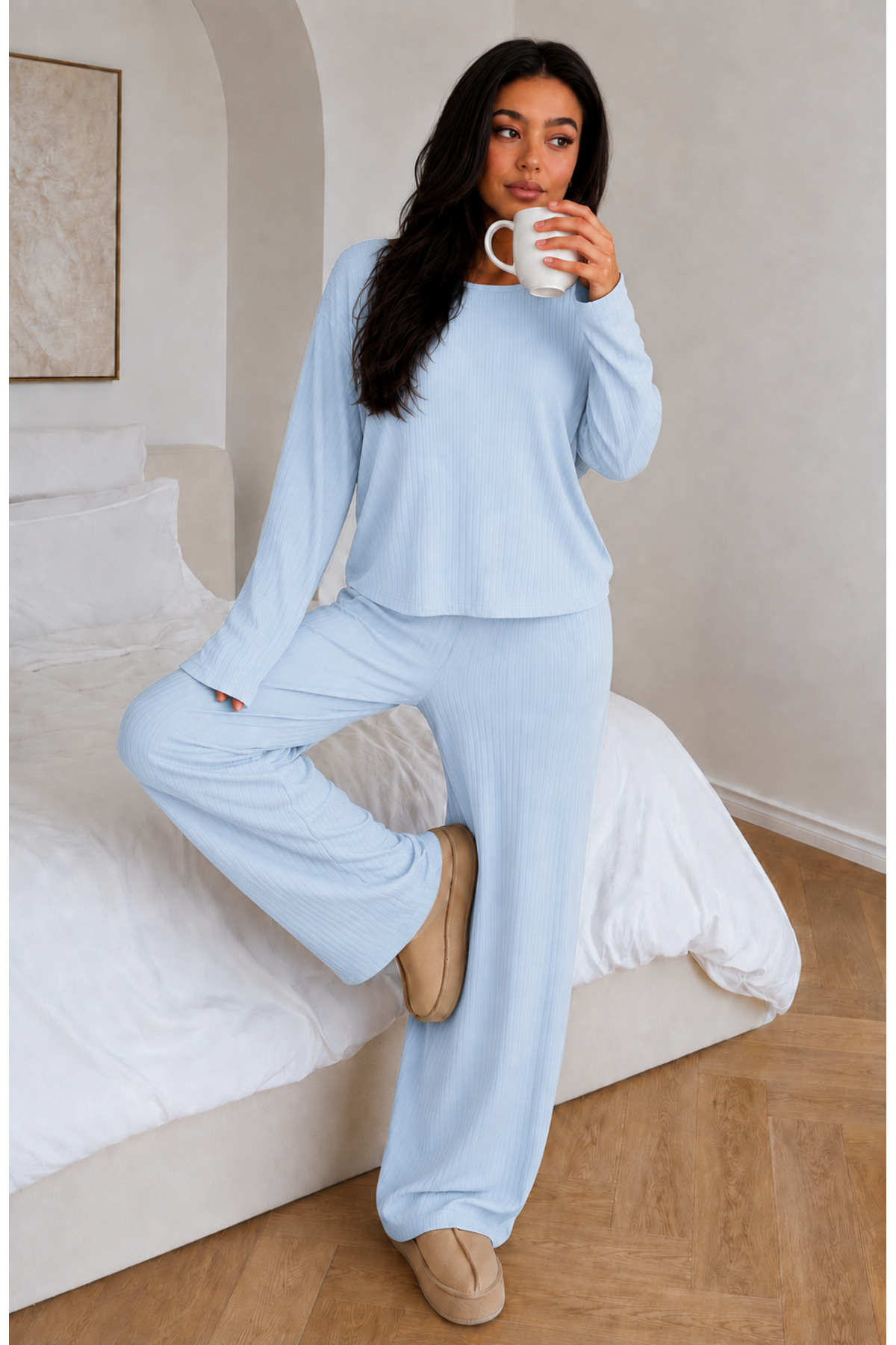 ÖZ PAMUK Kadın Uzun Kollu Raporlu Kumaş Şardonlu SOFT Pijama Takımı, Rahat Kesim Bisiklet Yaka Alt Üst Takım
