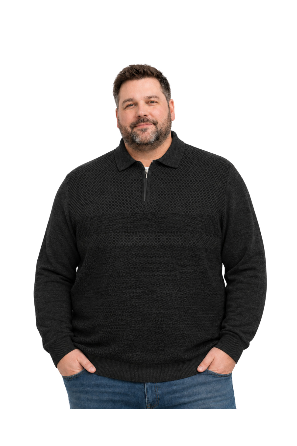BattalModa Erkek Büyük Beden Antrasit Atlas Polo Yaka Fermuarlı Triko Kazak 5XL-6XL-7XL-8XL