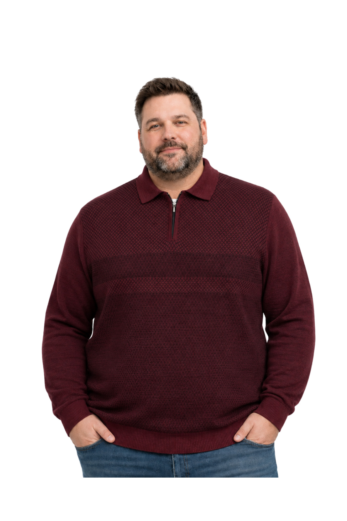BattalModa Erkek Büyük Beden Bordo Atlas Polo Yaka Fermuarlı Triko Kazak 5XL-6XL-7XL-8XL