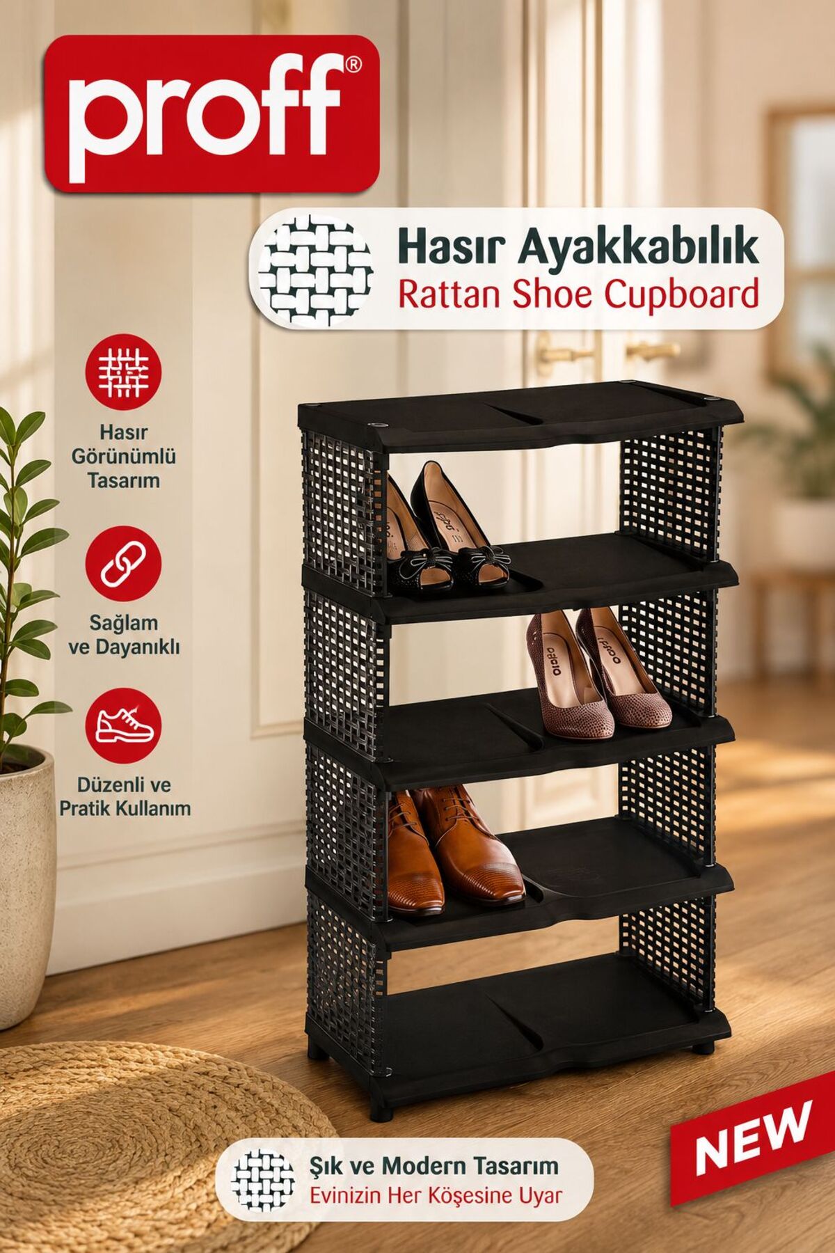 HAZARPAZAR 5 Katlı Rattan Görünümlü Ayakkabılık Ayakkabı Rafı