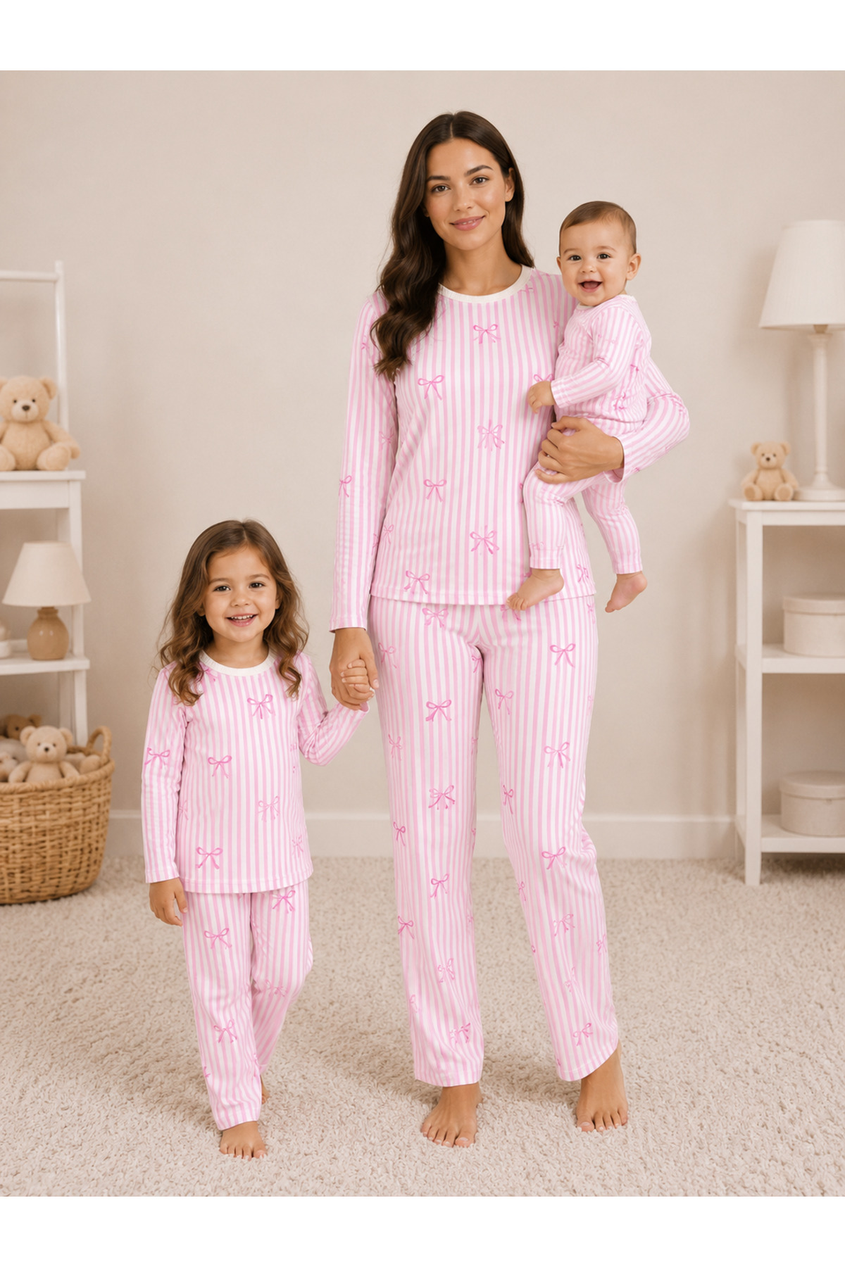 Drop Kids ANNE ÇOCUK KOMBİN UZUN PİJAMA TAKIM ÇİZGİLİ KURDELA DESEN görsel 2