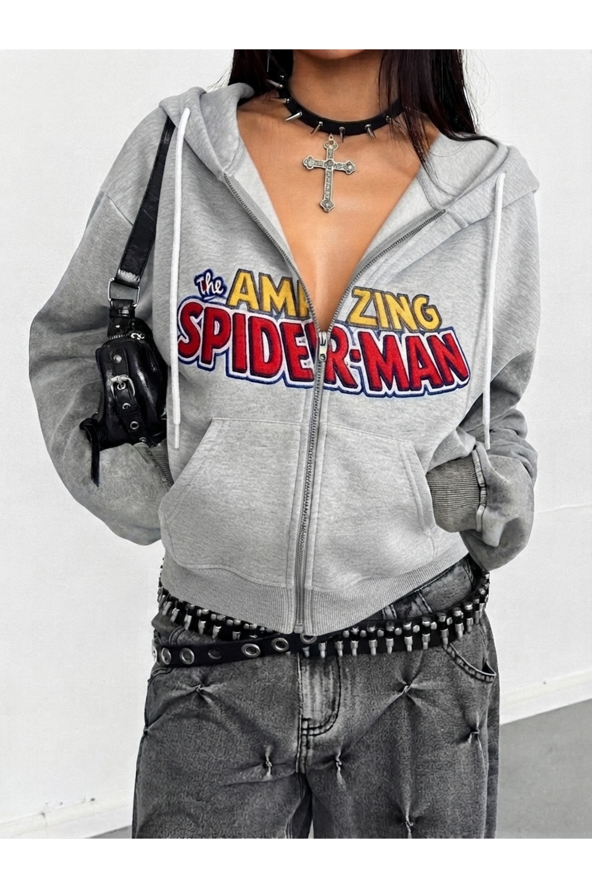 Gri Melanj Amazing Spider Cartoon Sırt Baskılı Unisex Hırka — خاکستری CLAİNE-İBO-GEM-190