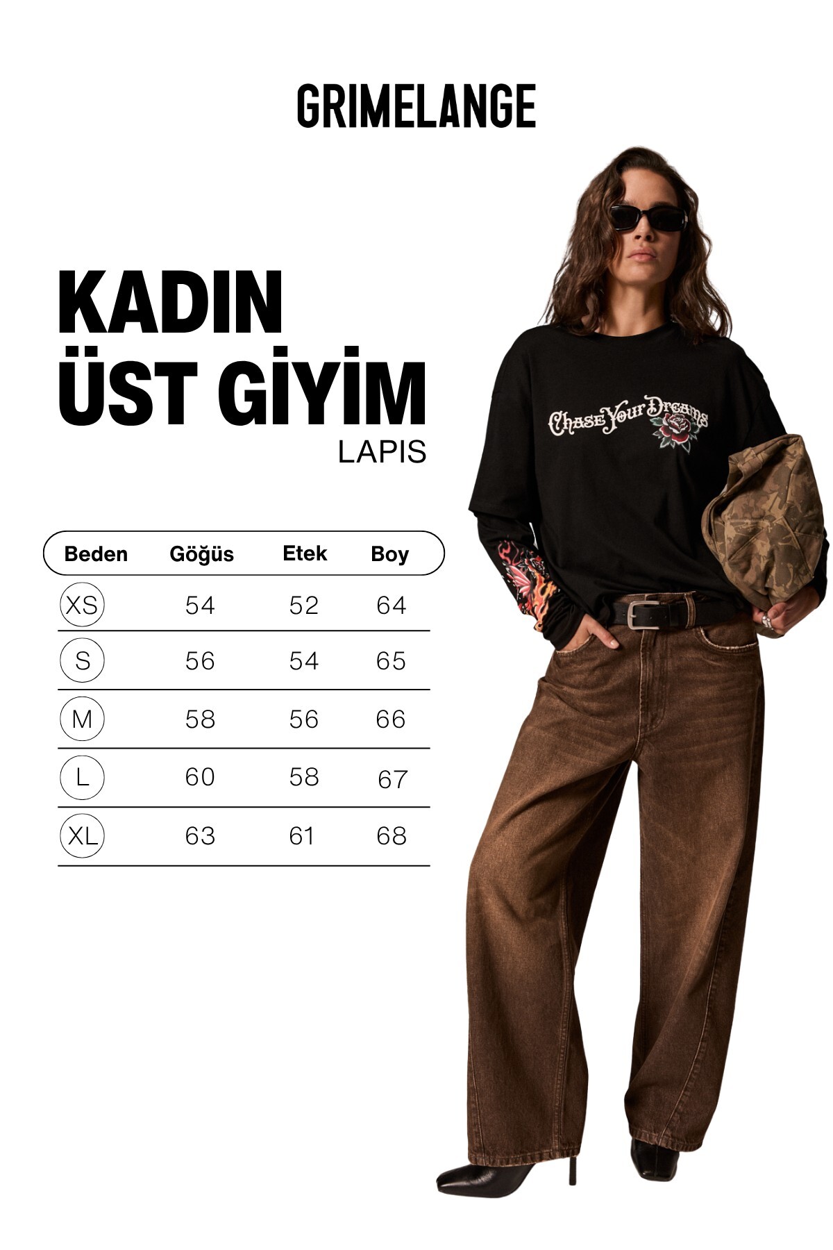 GRIMELANGE LAPIS Kadın Organik Pamuklu Uzun Kollu Baskılı Siyah T-Shirt görsel 7