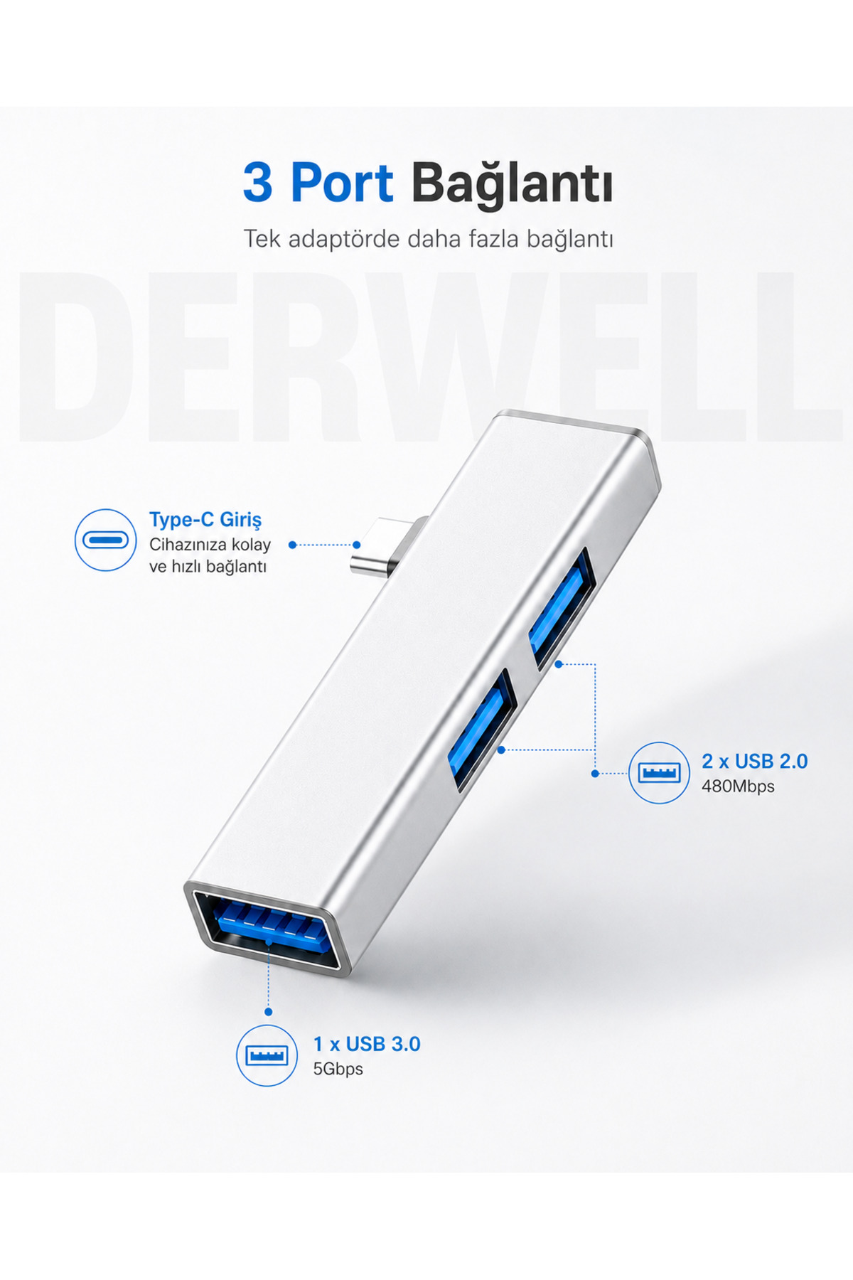 Yeni 2026 Type-C 3 Port USB Çoklayıcı Hub Dağıtıcı | 1x USB 3.0 5Gbps Yüksek Hız | 2x USB 2.0 | Alüminyum Göve Tak Çalıştır Laptop Macbook Telefon Uyumlu Çevirici Adaptör