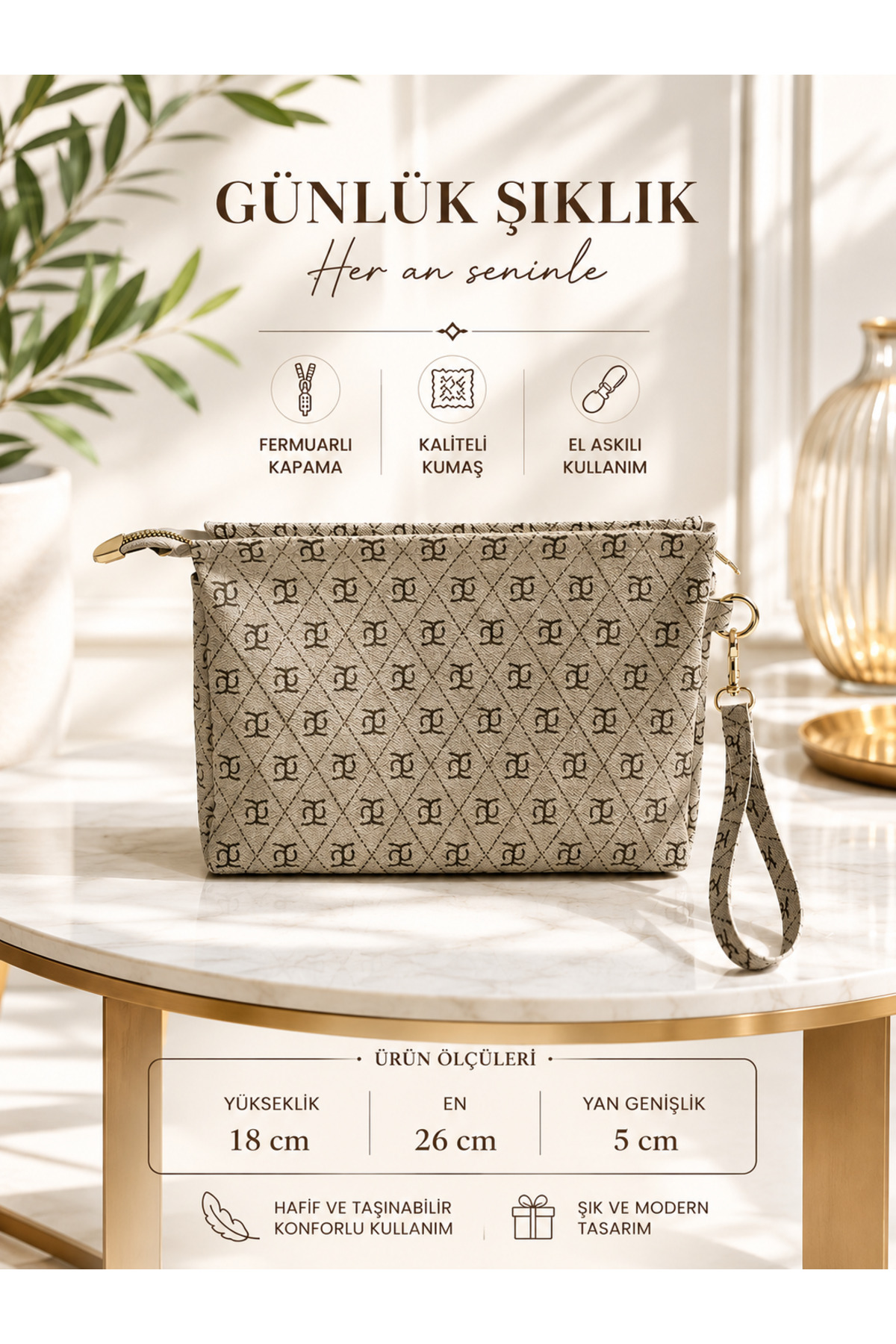 Modaor Kadın Portföy El Çantası Fermuarlı Bilek Askılı Desenli Günlük Clutch Çanta görsel 2