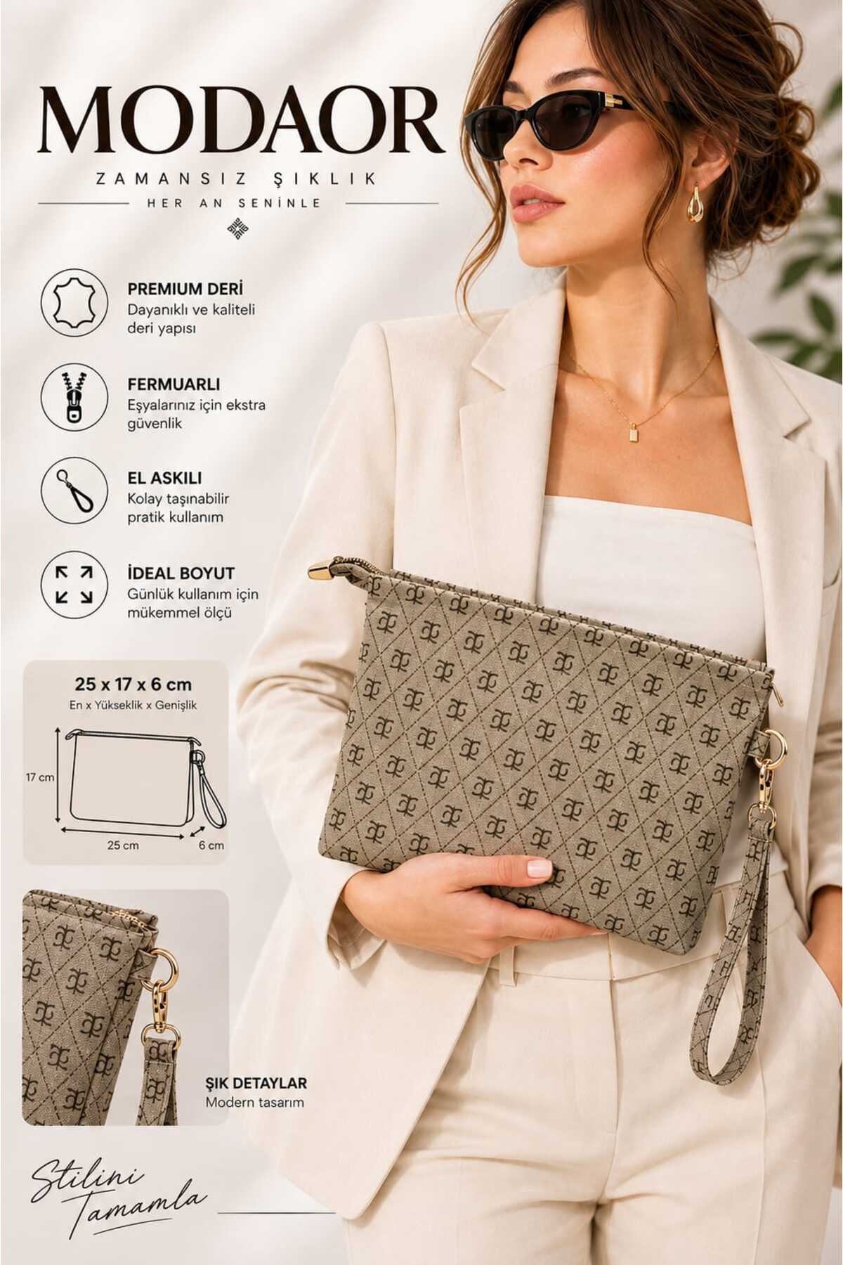 Modaor Kadın Portföy El Çantası Fermuarlı Bilek Askılı Desenli Günlük Clutch Çanta