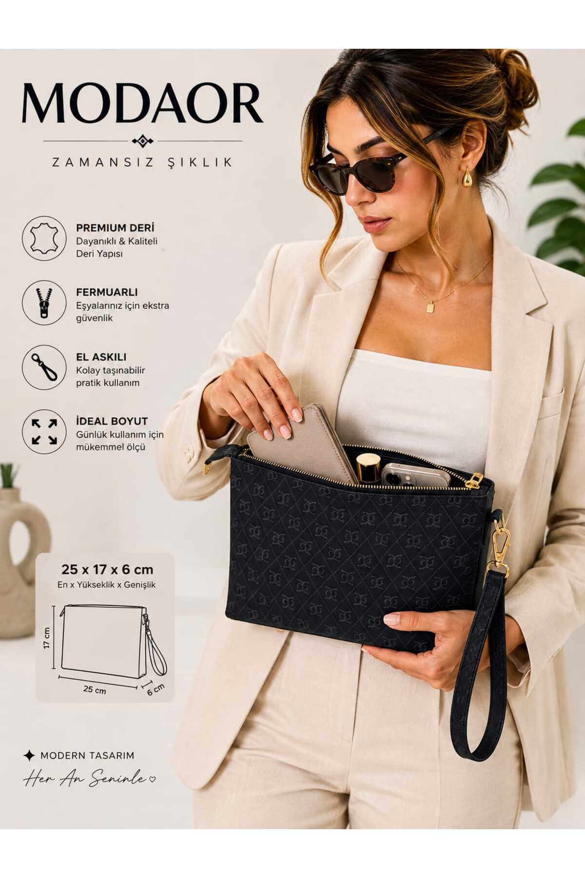 Modaor Kadın Siyah Portföy El Çantası Fermuarlı Bilek Askılı Desenli Günlük Clutch Çanta