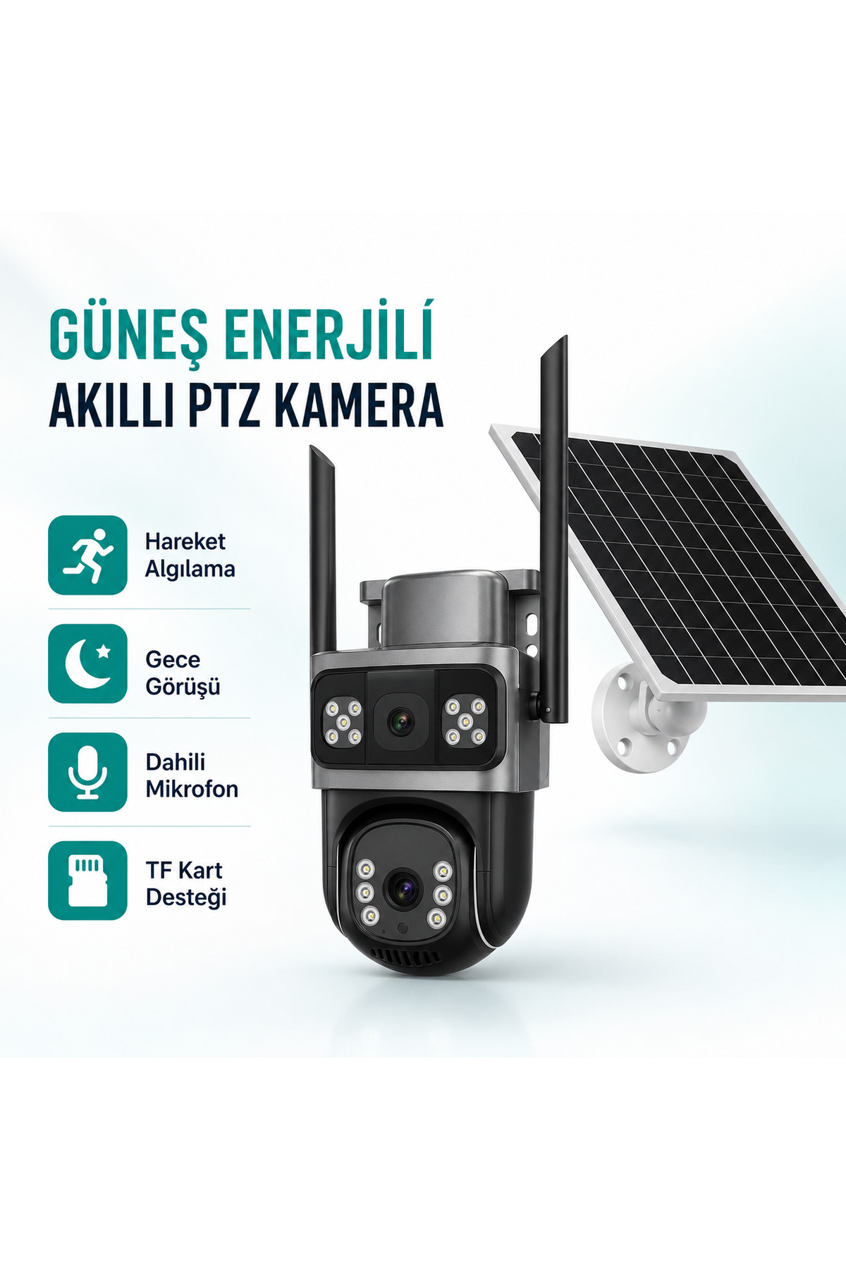 IO-777 Solar AOV 4G SIM Kartlı Çift Lensli PTZ Güvenlik Kamerası – Güneş Panelli, Gece Görüşlü, Sesl