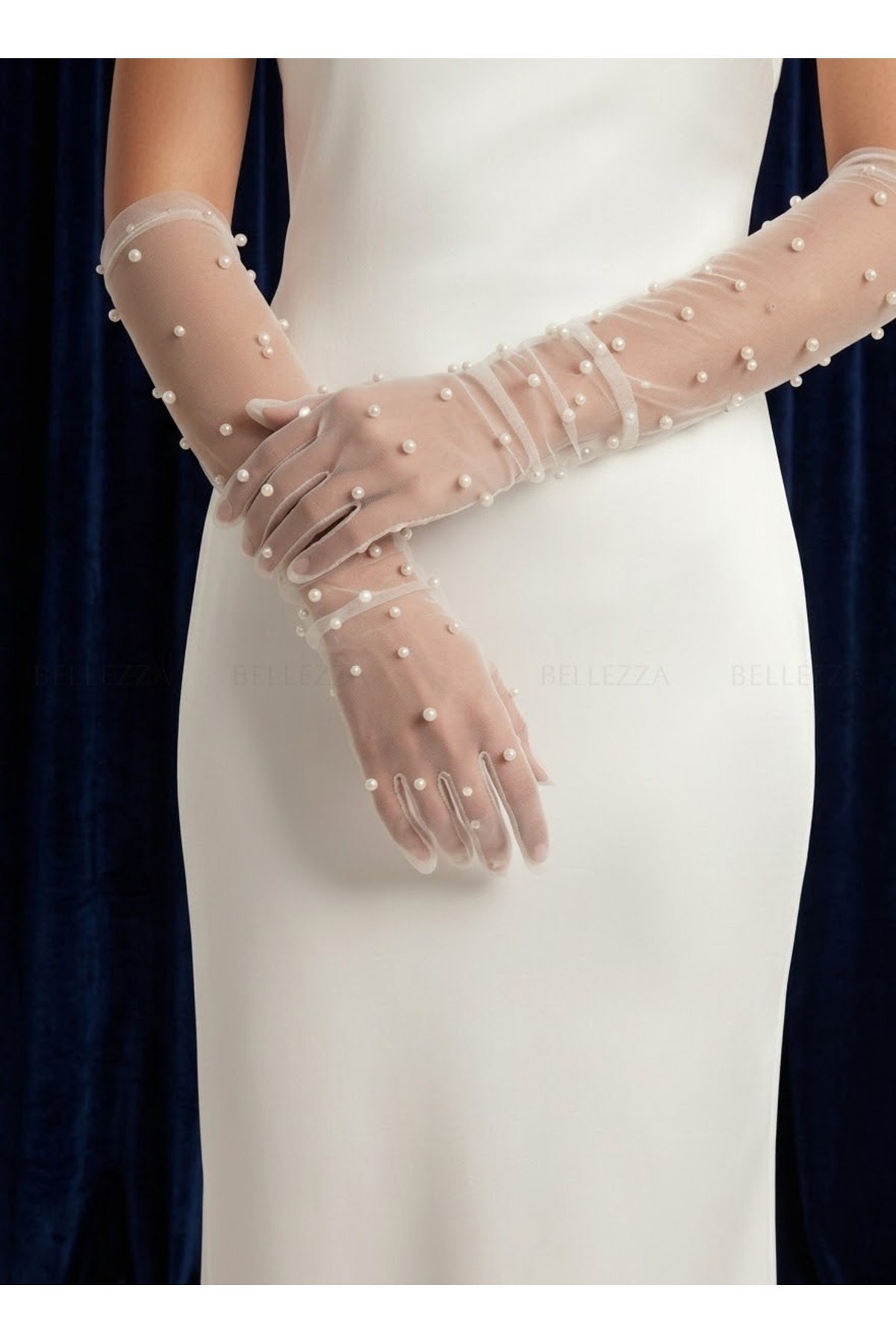 Bellezza Concept Uzun İncili Tül Gelin Eldiveni - Beyaz Çakma İnci Detaylı Nikah ve Düğün Eldiveni⁠