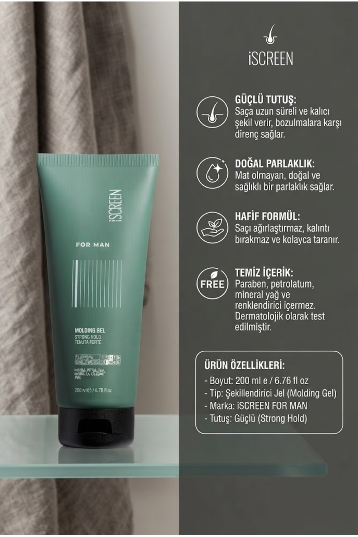 Molding Erkekler İçin Güçlü Tutuşlu Esnek Saç Şekillendirici Jel 200 ml - Strong Hold Flexible Styling Gel — SCR-FM-200MG — تصویر 2 از 3
